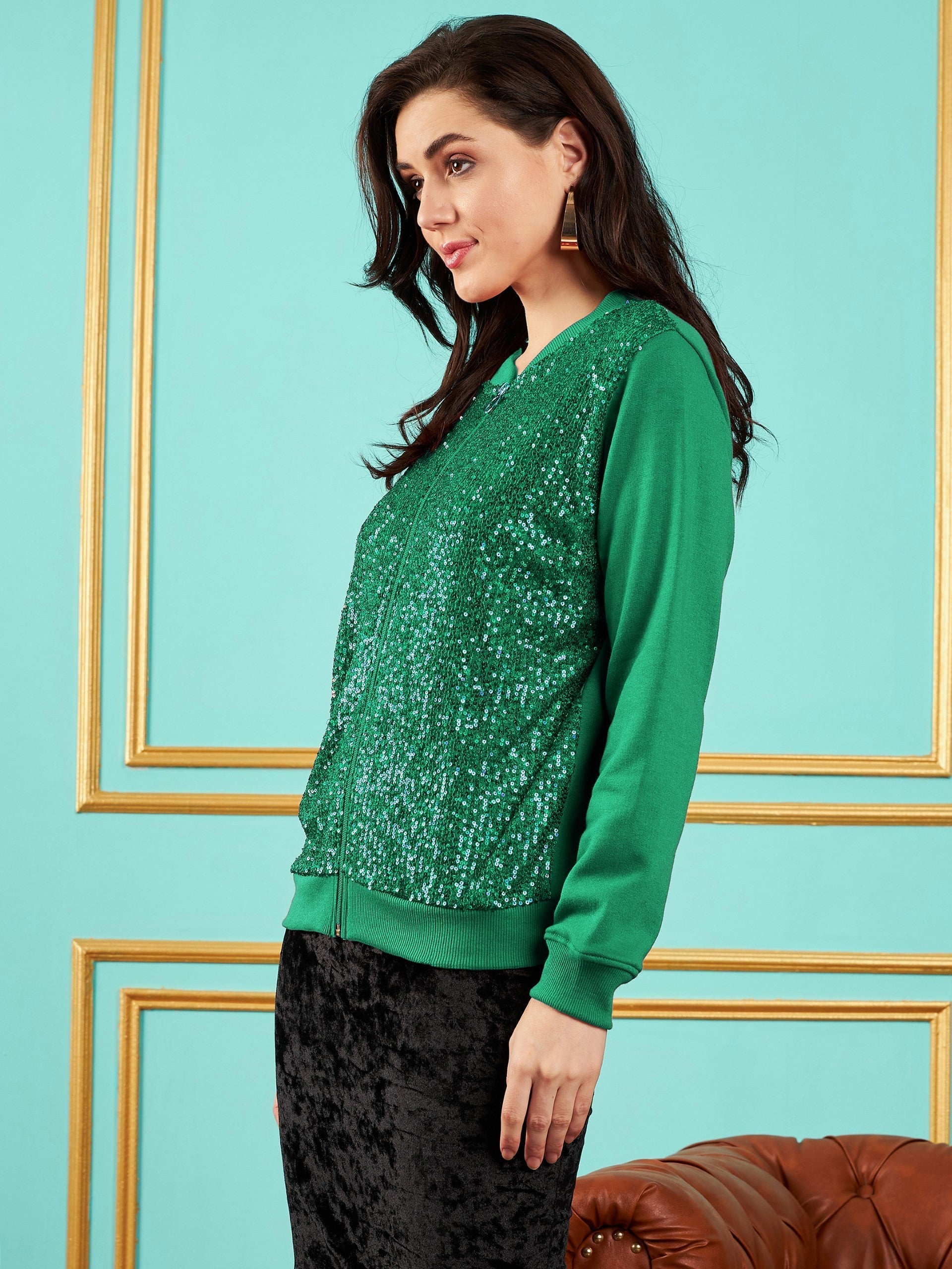 Women Green Sequin Jacket