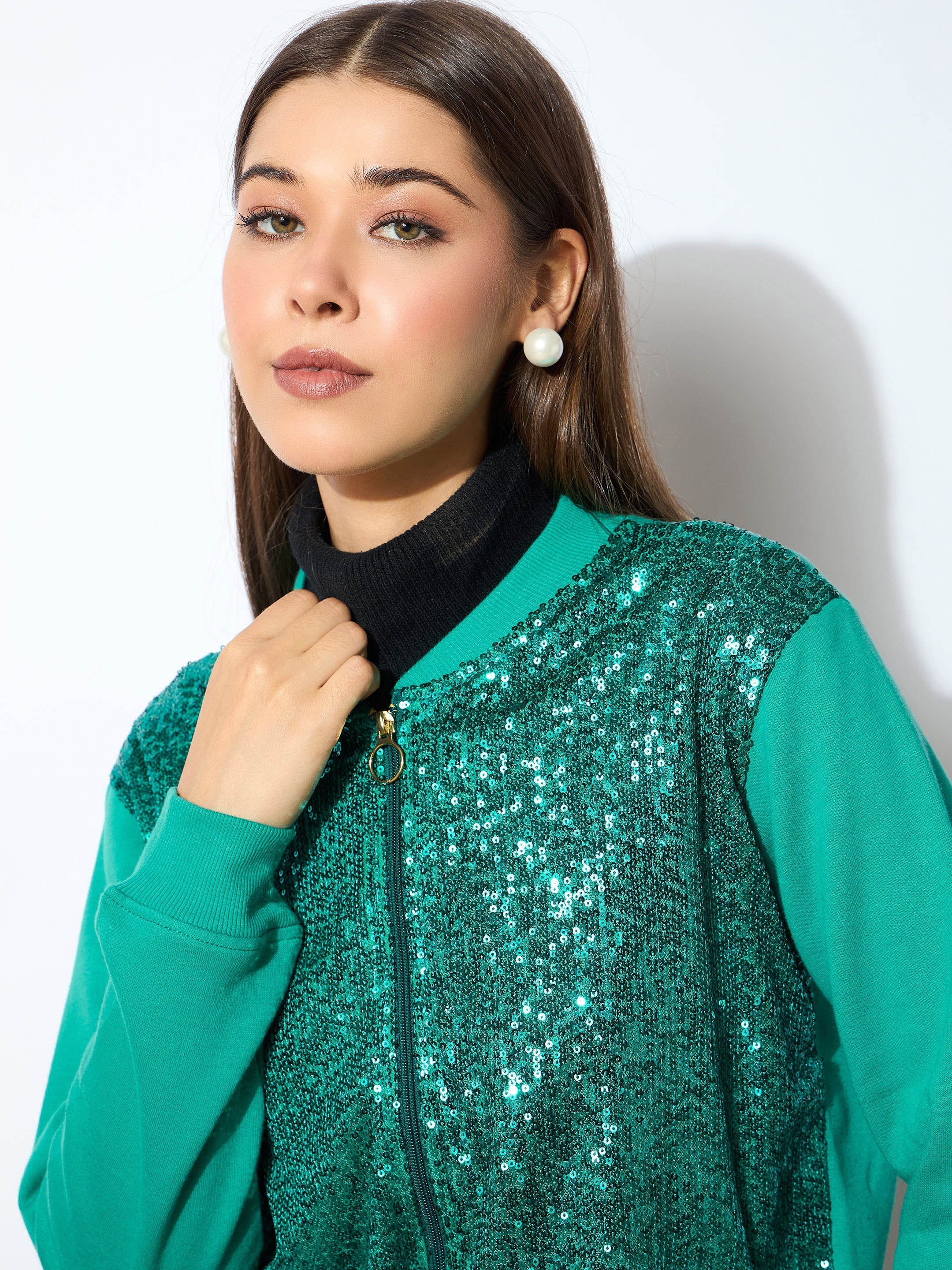 Women Green Sequin Jacket