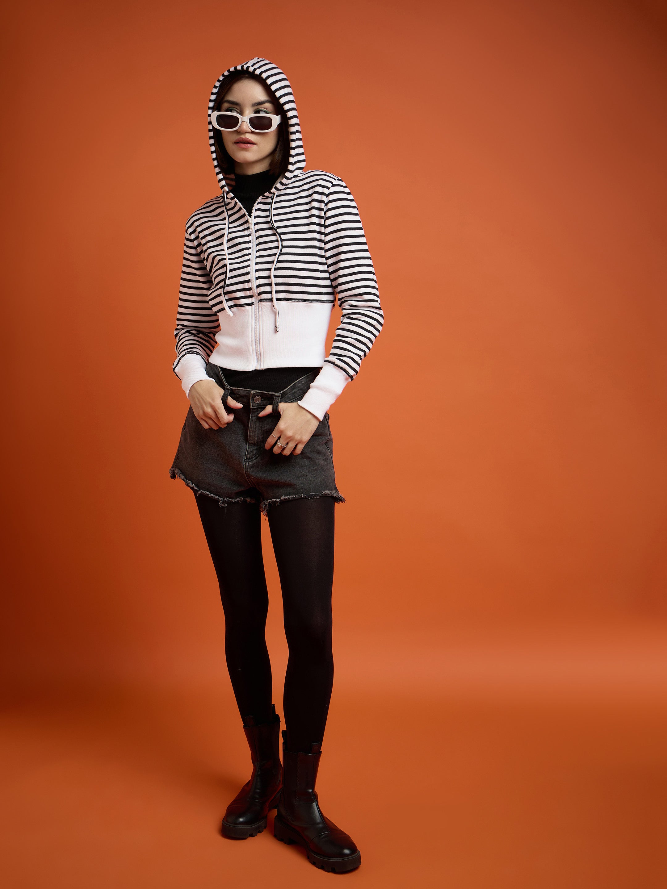 Women Black & White Striped Fleece Hooded Jacket