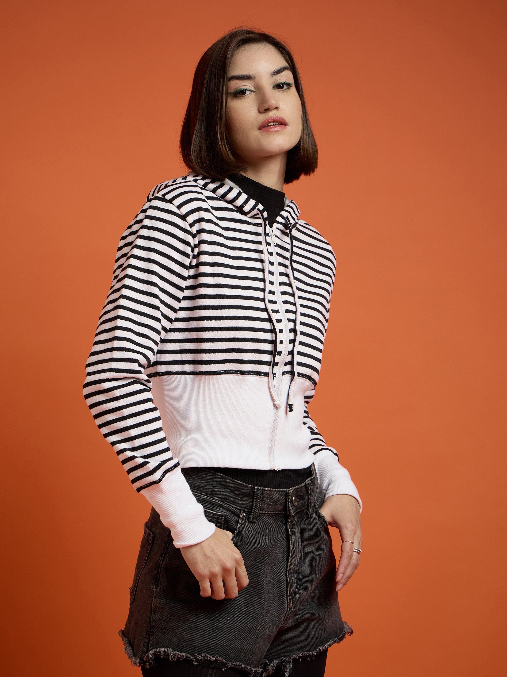 Women Black & White Striped Fleece Hooded Jacket