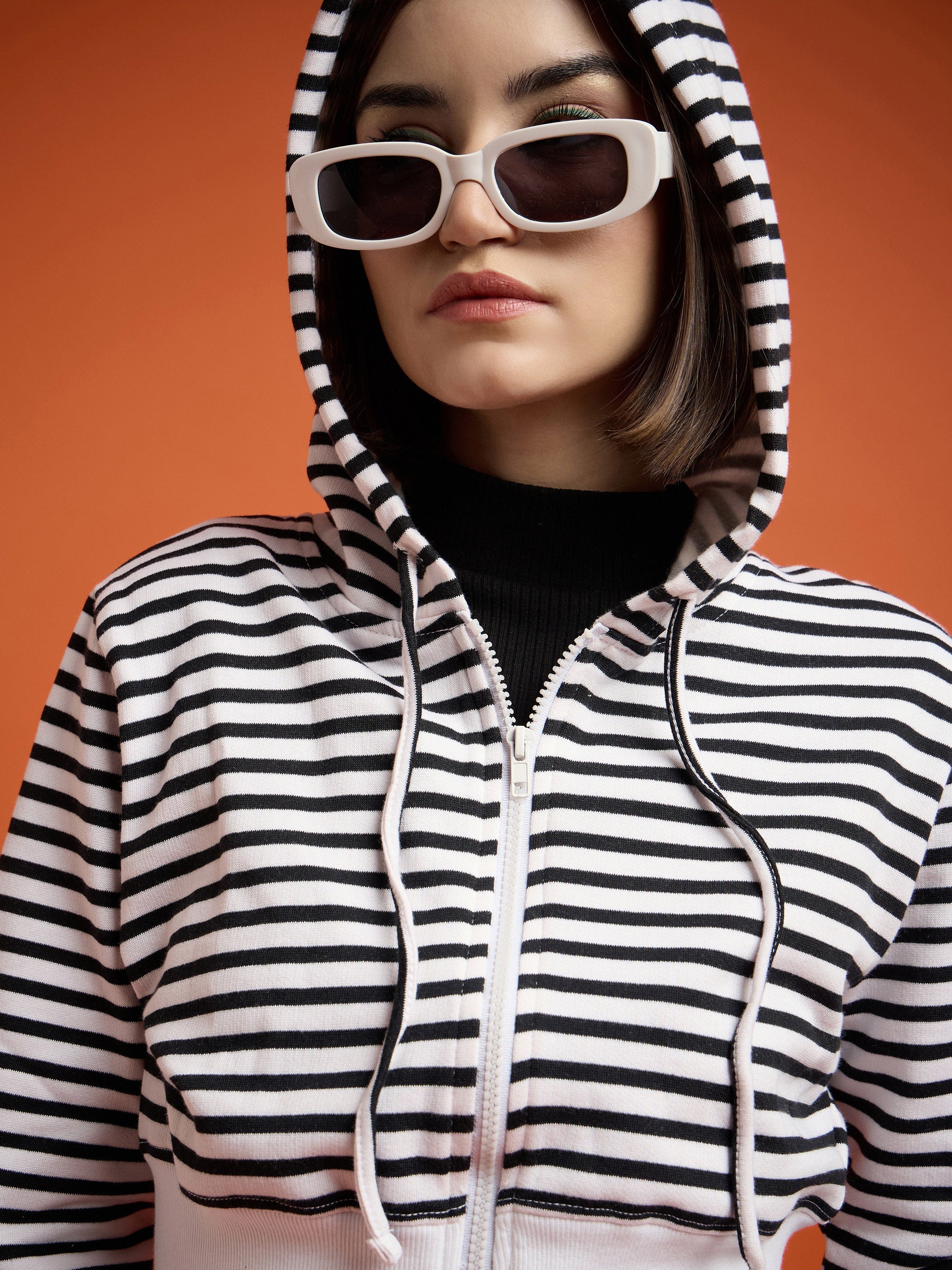 Women Black & White Striped Fleece Hooded Jacket