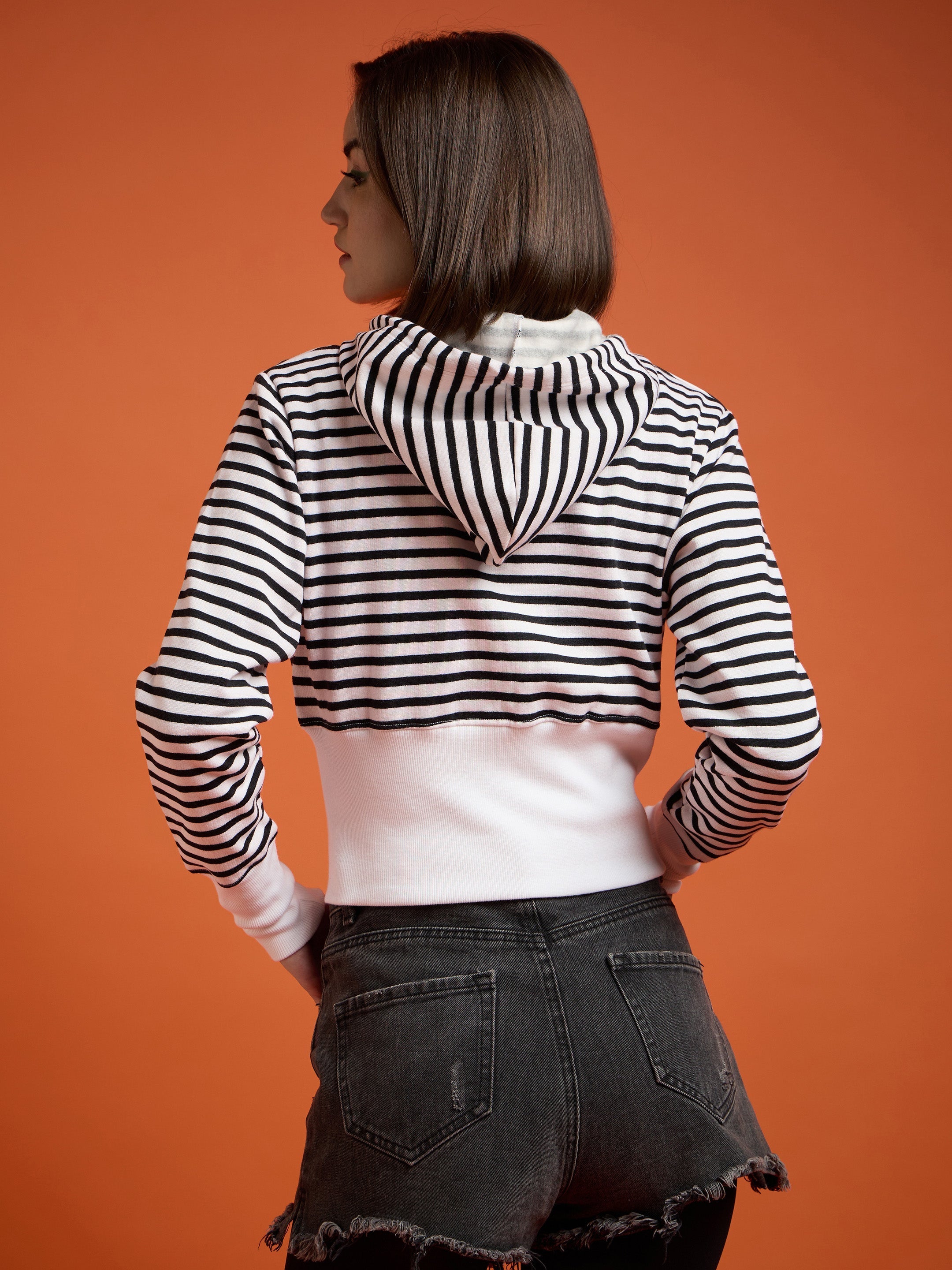 Women Black & White Striped Fleece Hooded Jacket