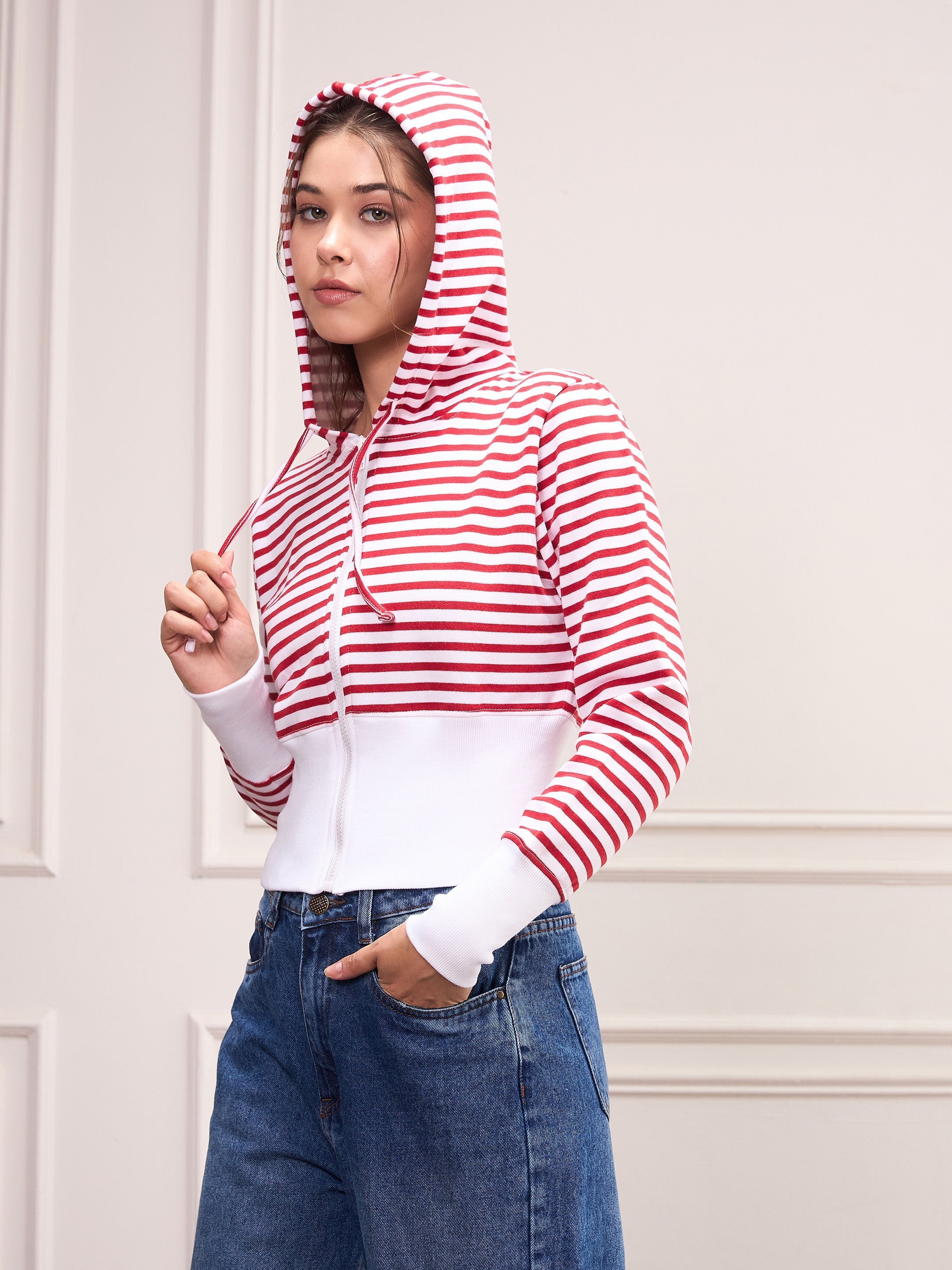 Women Red & White Striped Fleece Hooded Jacket