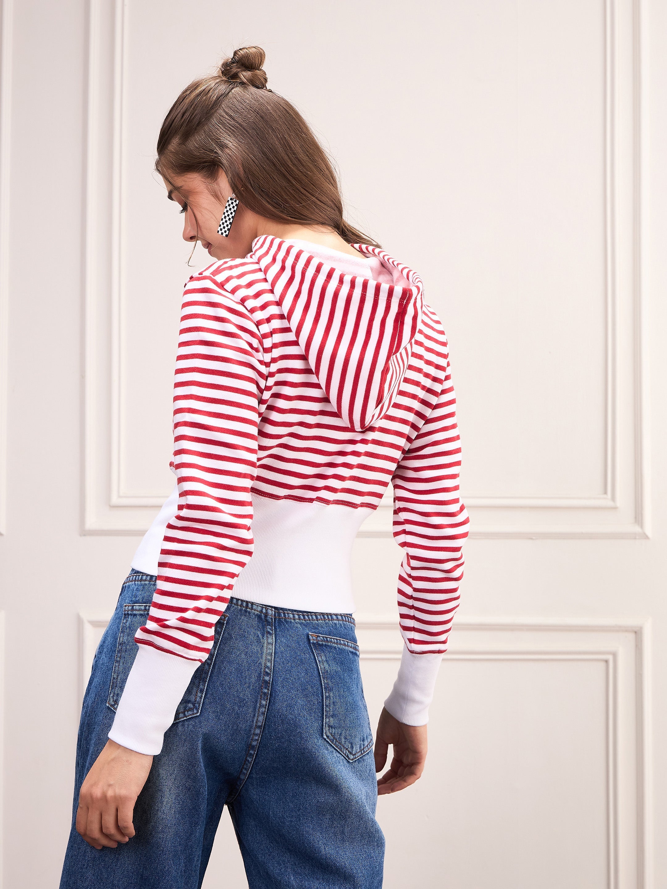 Women Red & White Striped Fleece Hooded Jacket