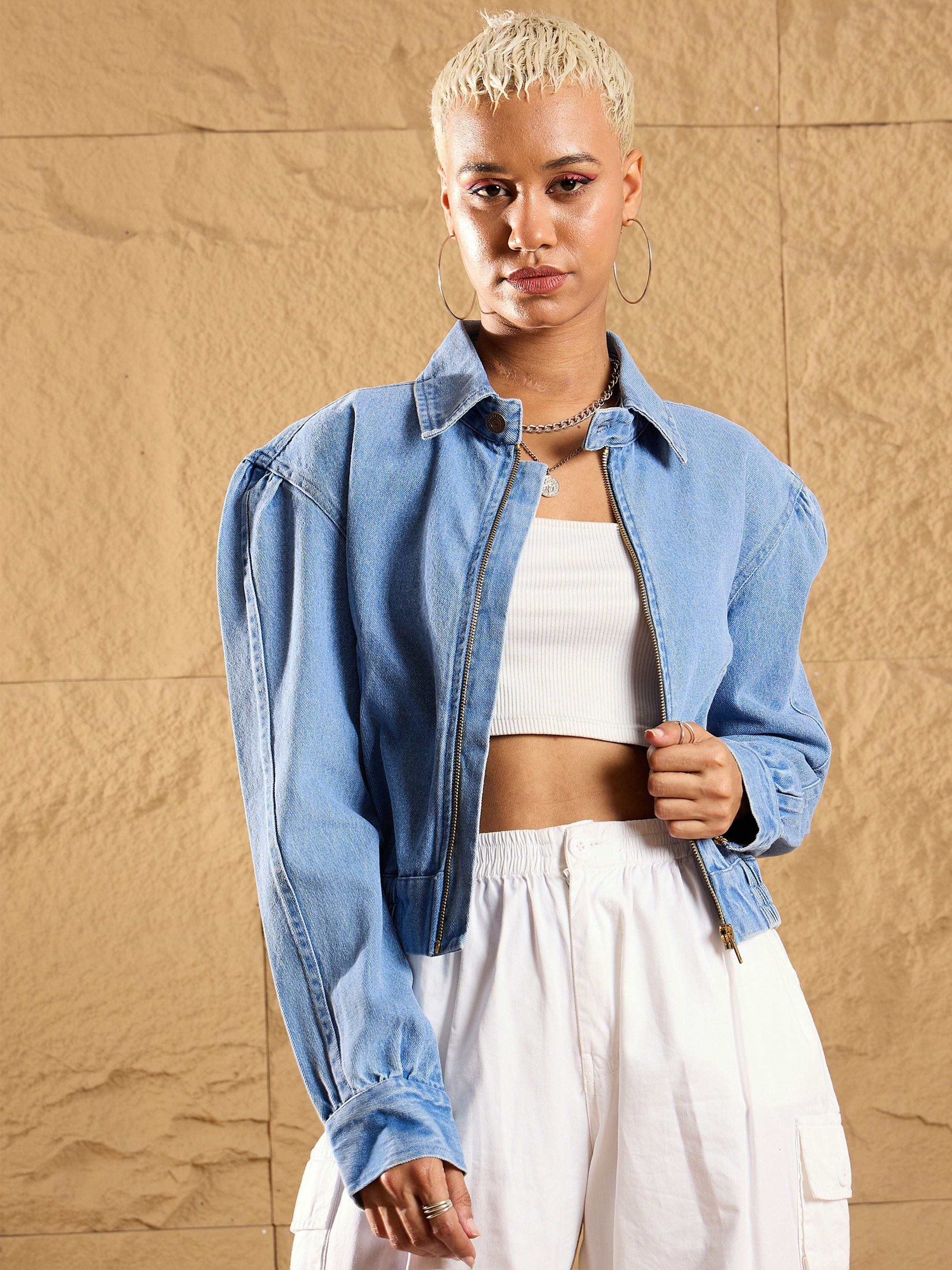 Women Blue Washed Zipper Biker Crop Jacket