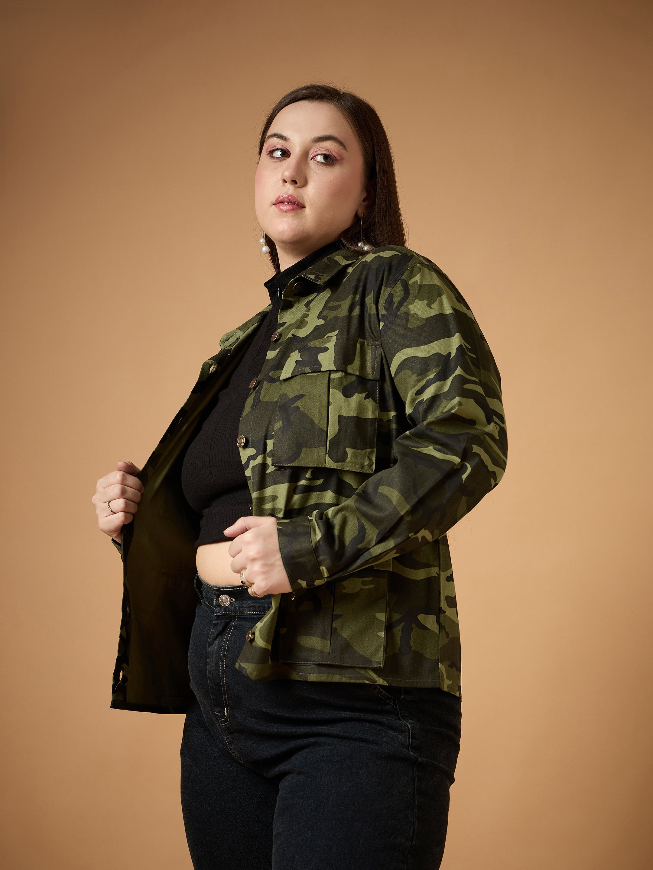 Women Twill Camouflage Multi Pocket Jacket