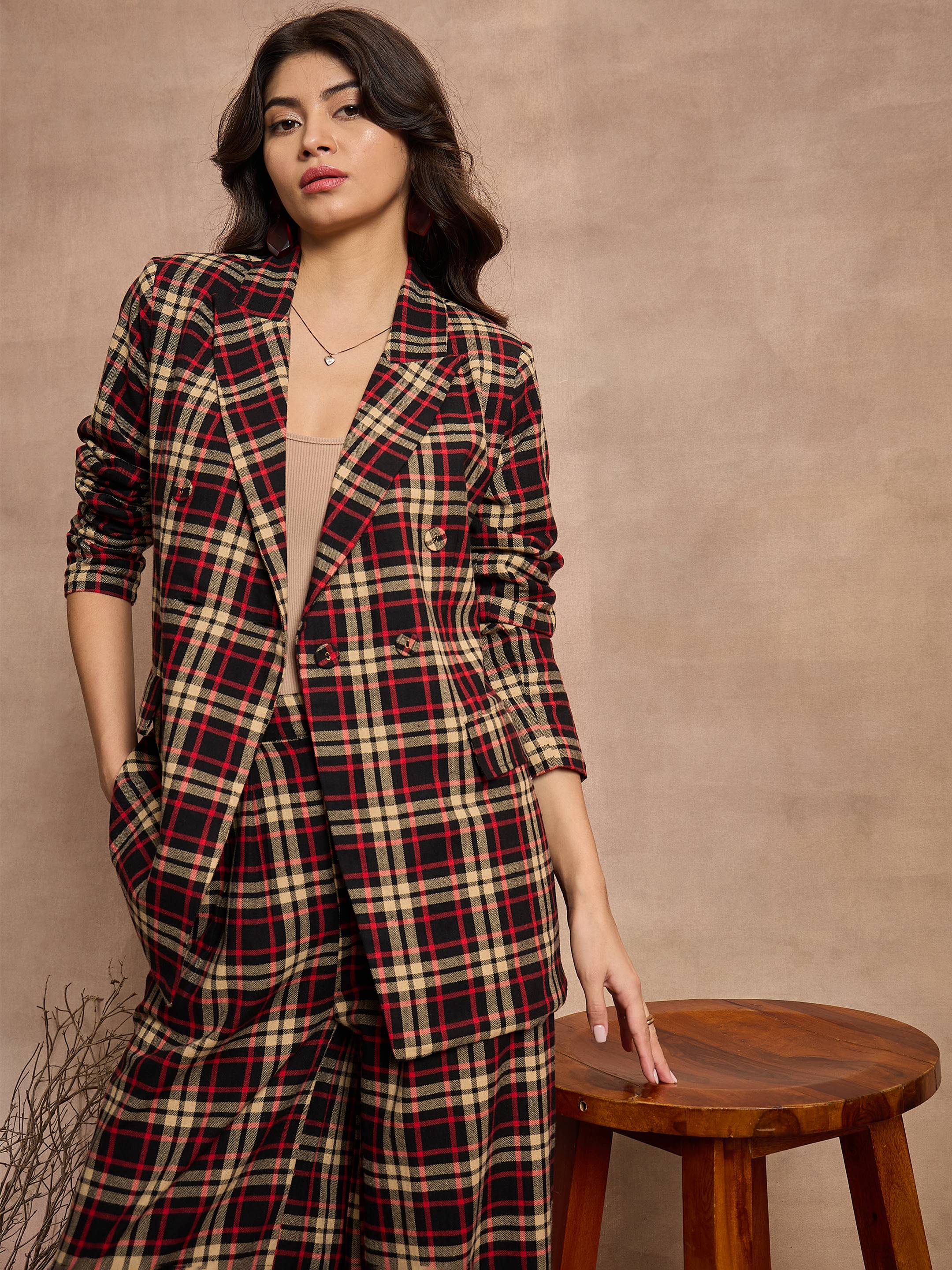 Women Black & Beige Check Double Brested Blazer