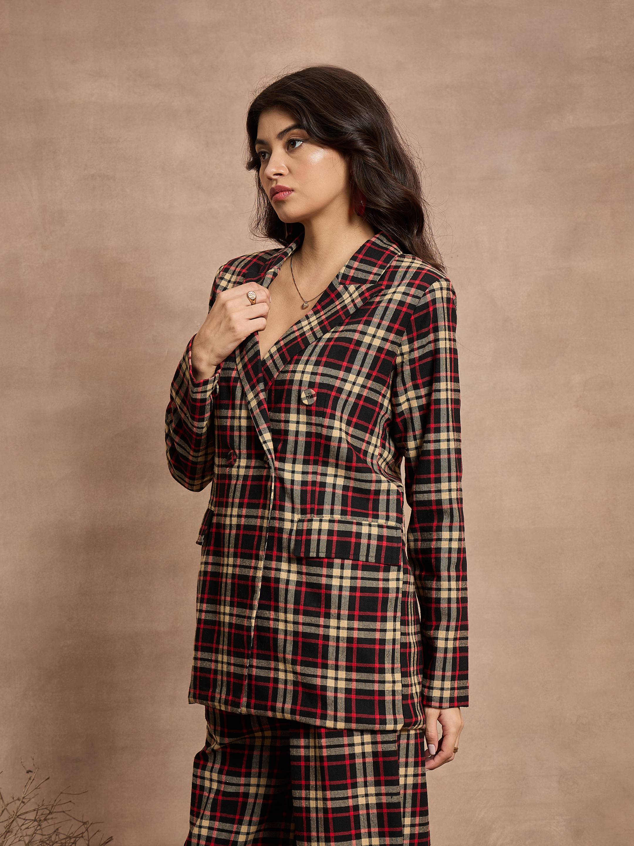 Women Black & Beige Check Double Brested Blazer