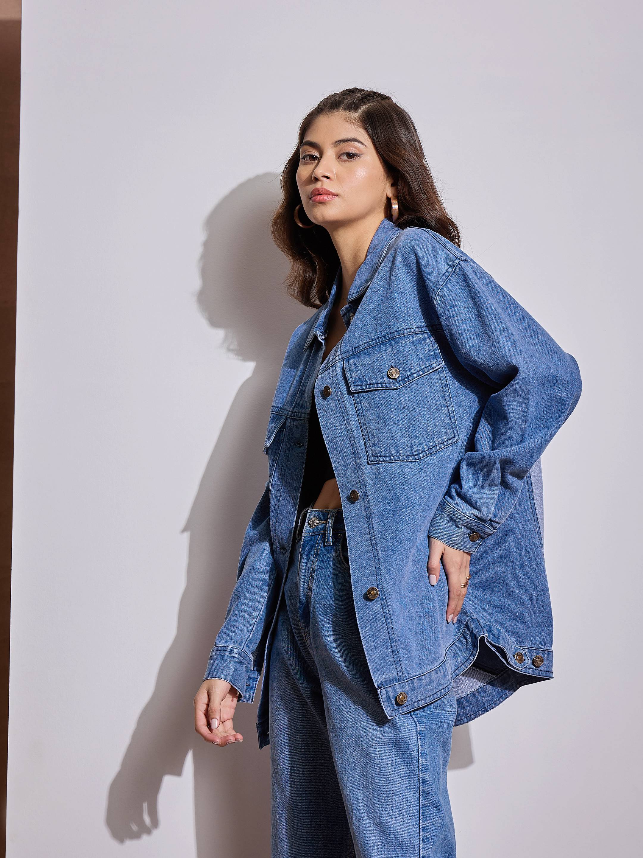 Women Blue Washed Denim Back Heart Patch Shacket