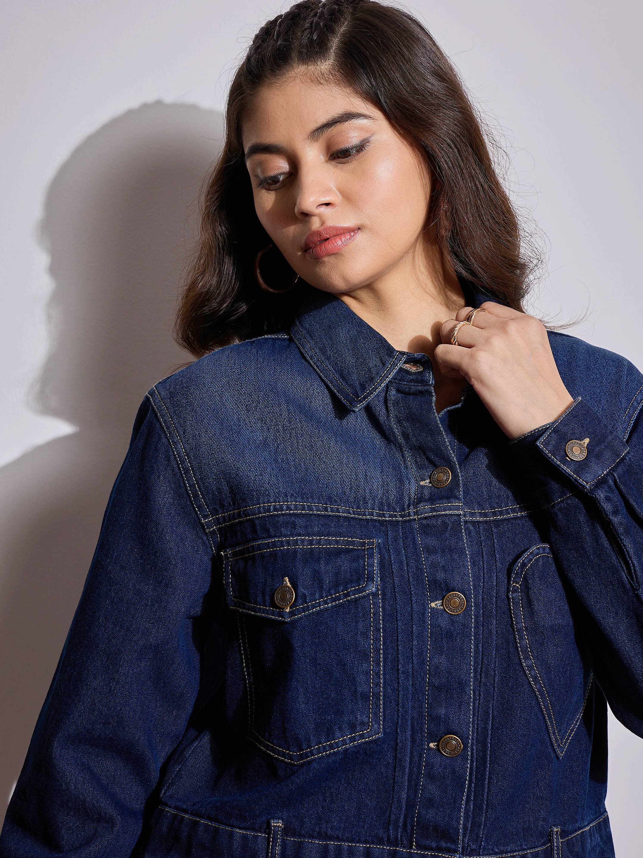 Women Blue Denim Heart Pockets Crop Jacket