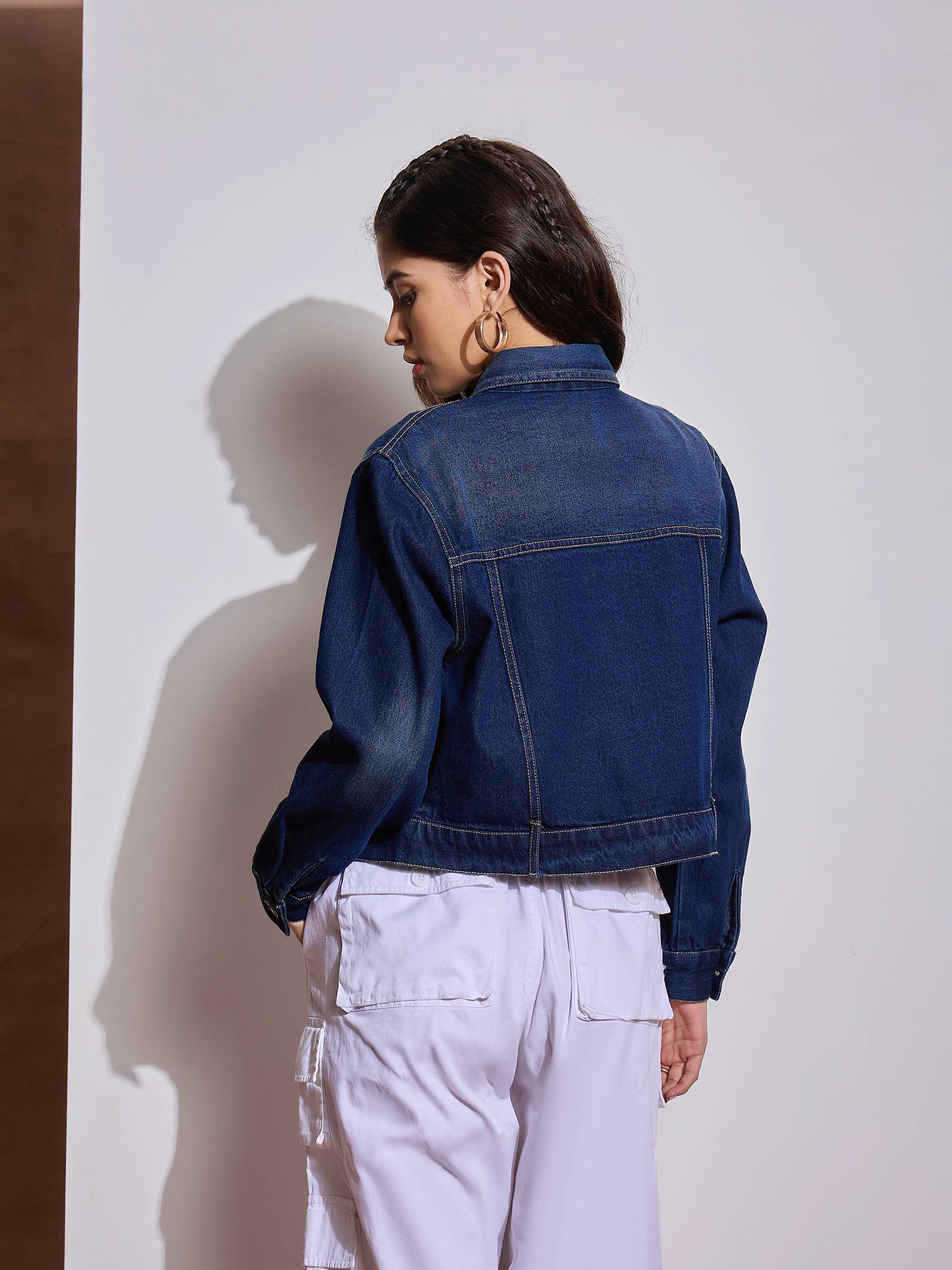 Women Blue Denim Heart Pockets Crop Jacket