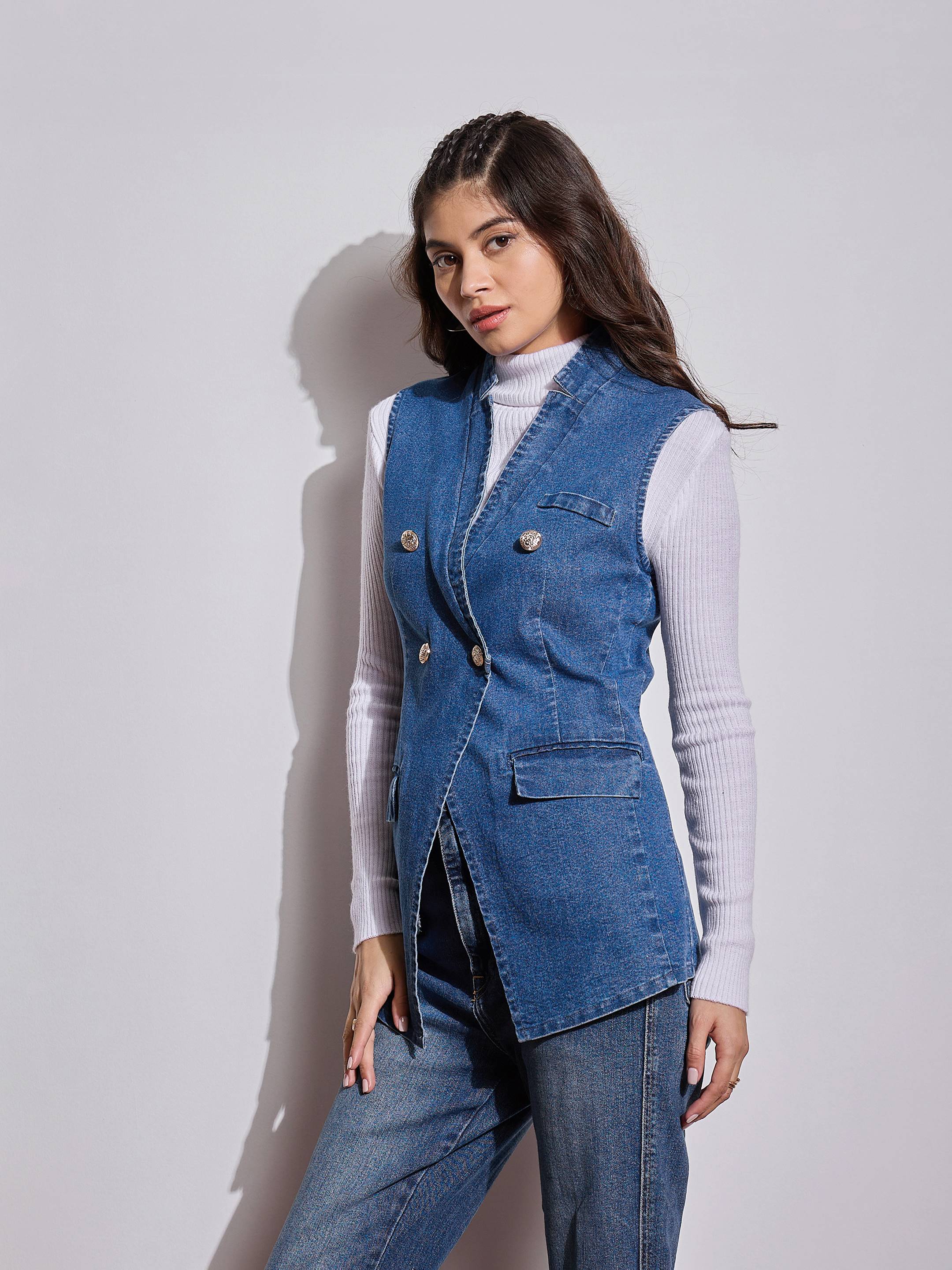 Women Blue Denim Flap Pocket Sleeveless Jacket