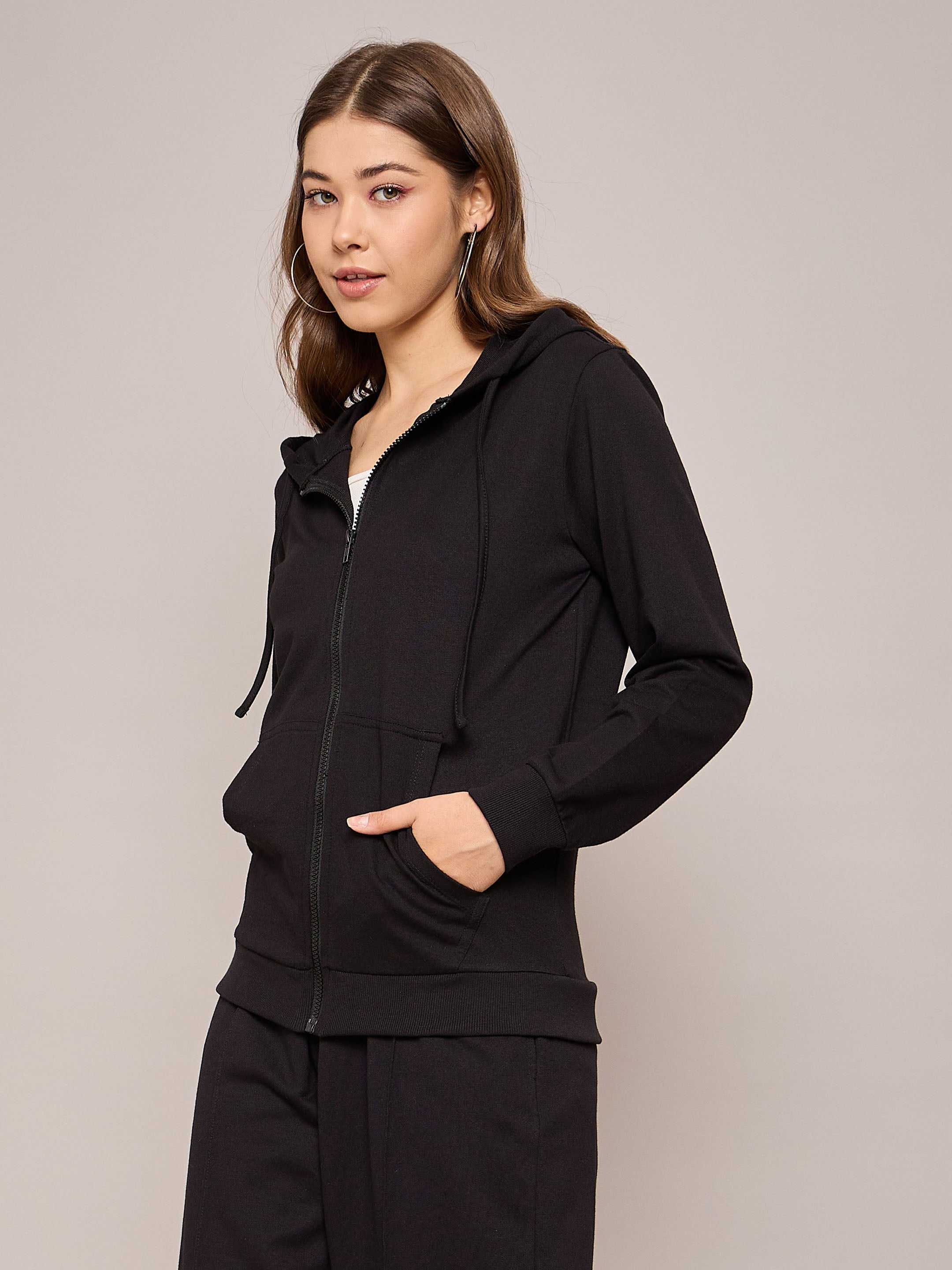 Women Black Terry Hoodie Jacket