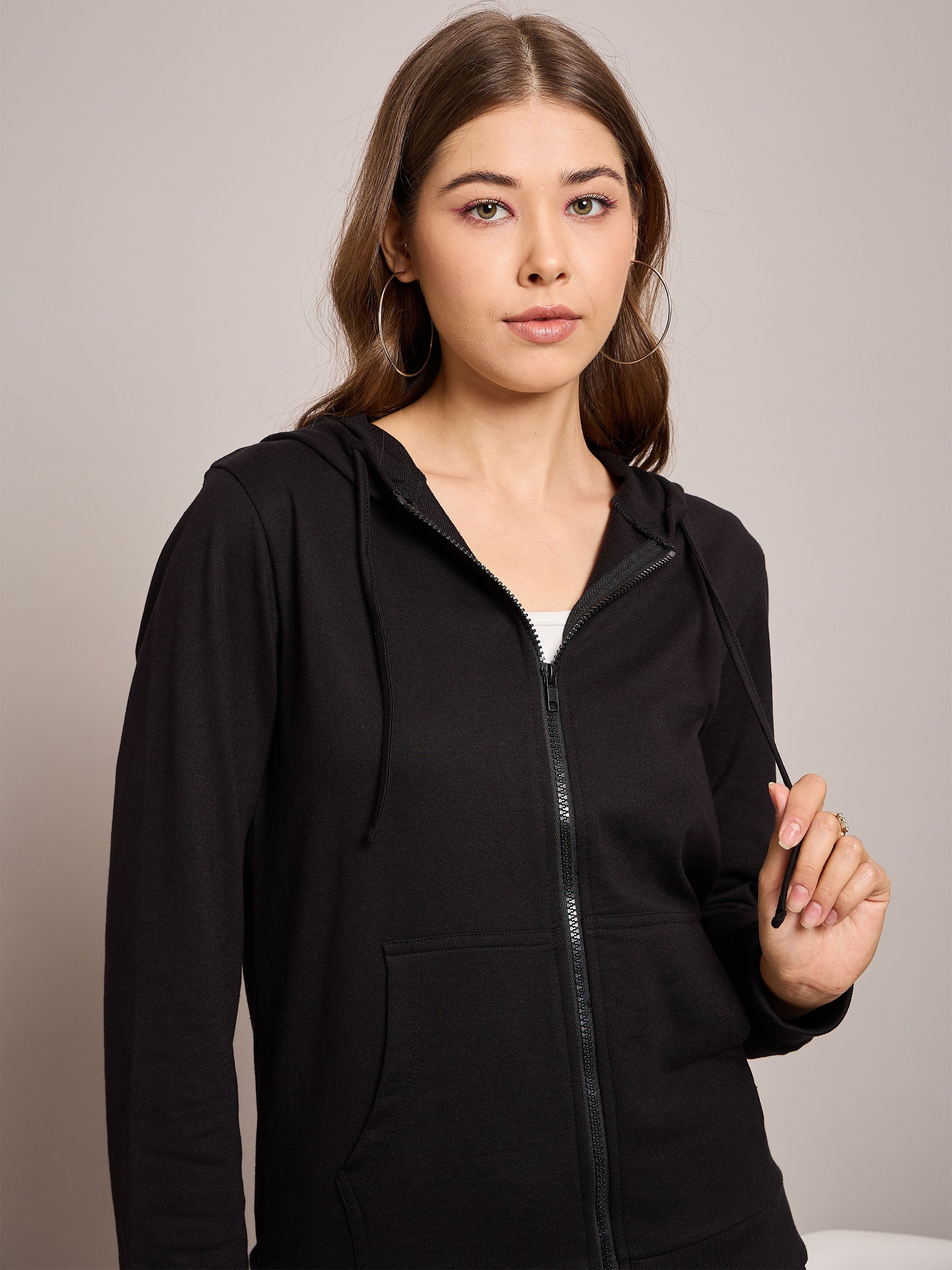 Women Black Terry Hoodie Jacket