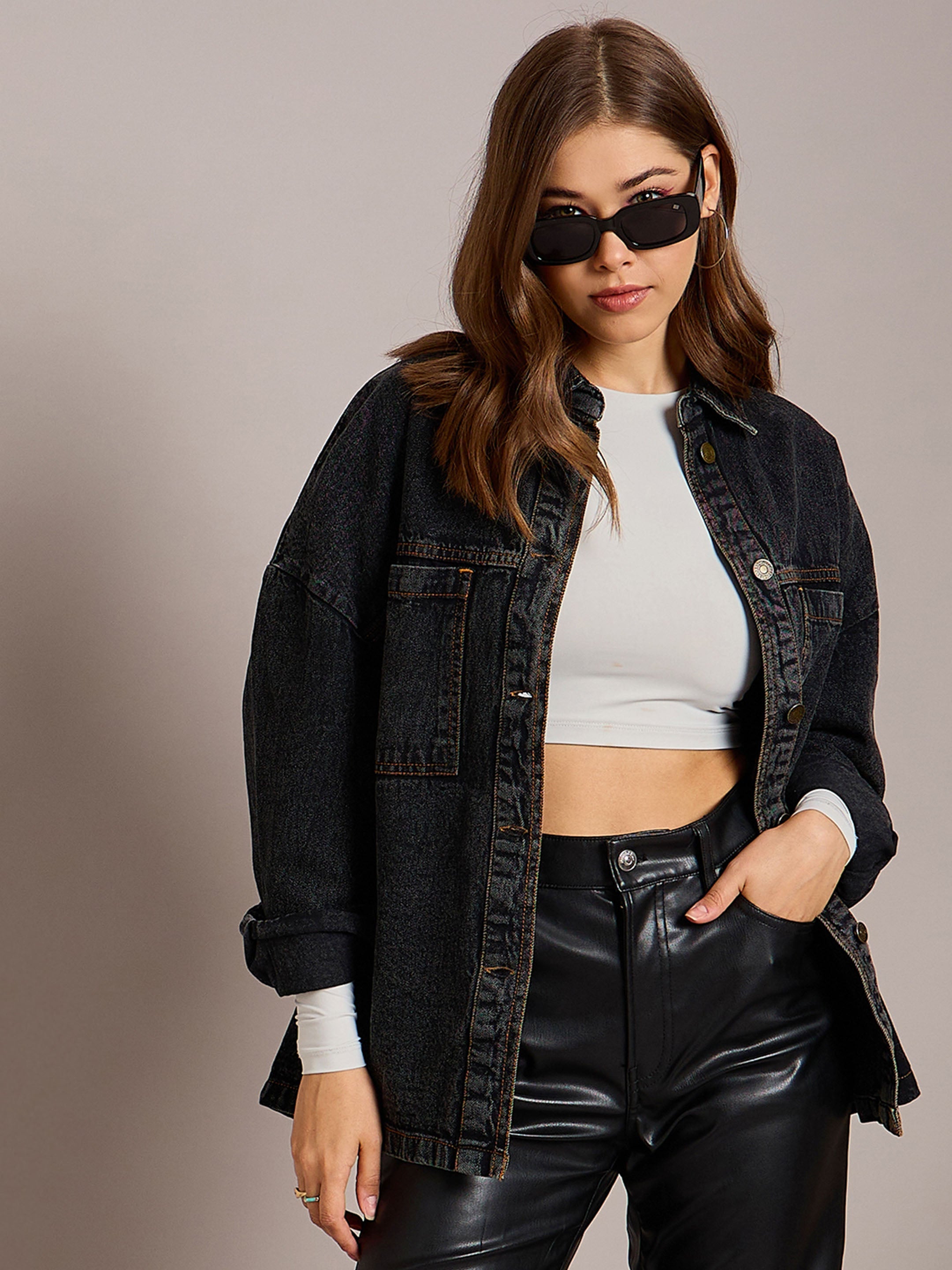 Women Black Denim Oversized Jacket