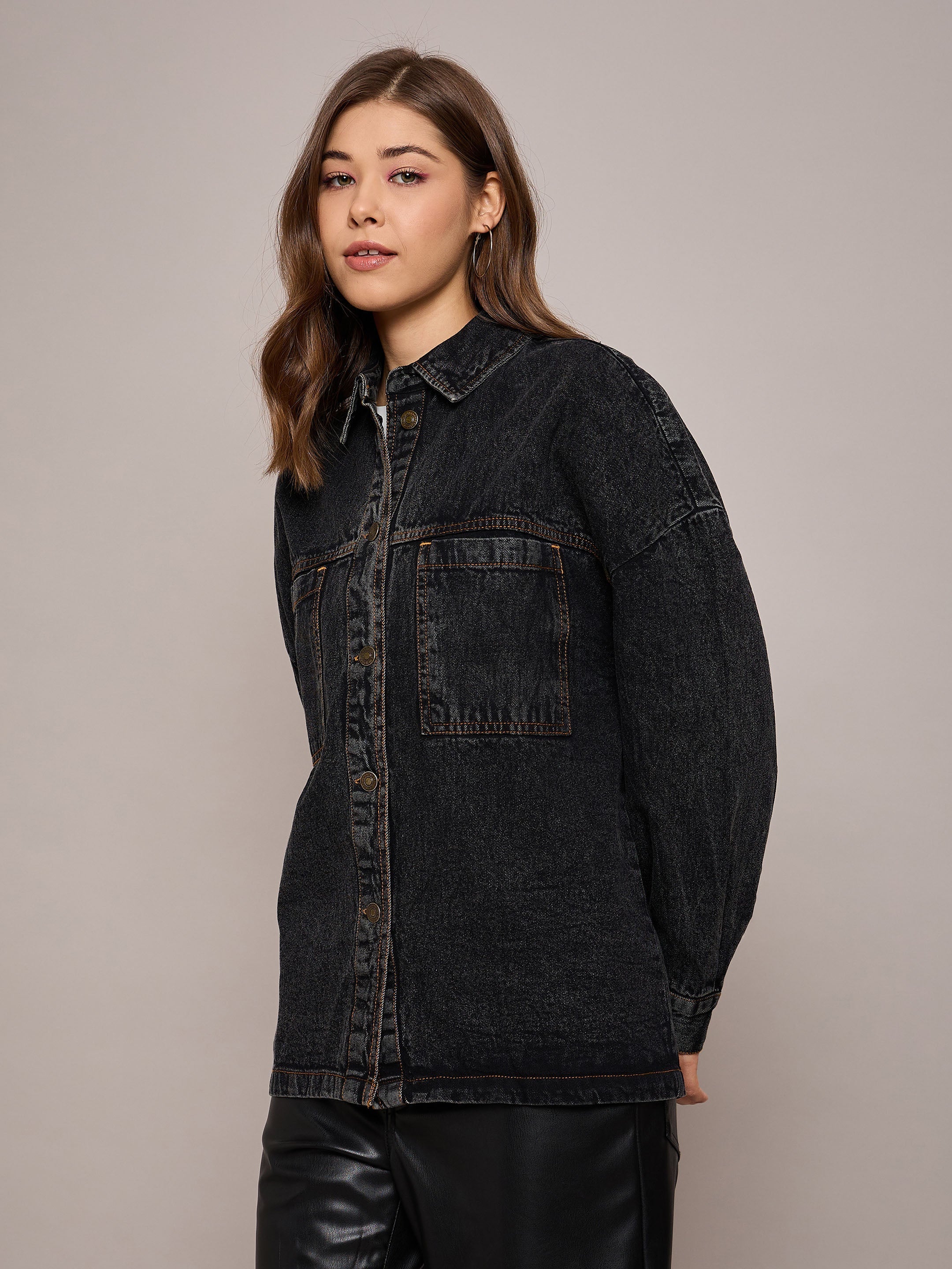 Women Black Denim Oversized Jacket