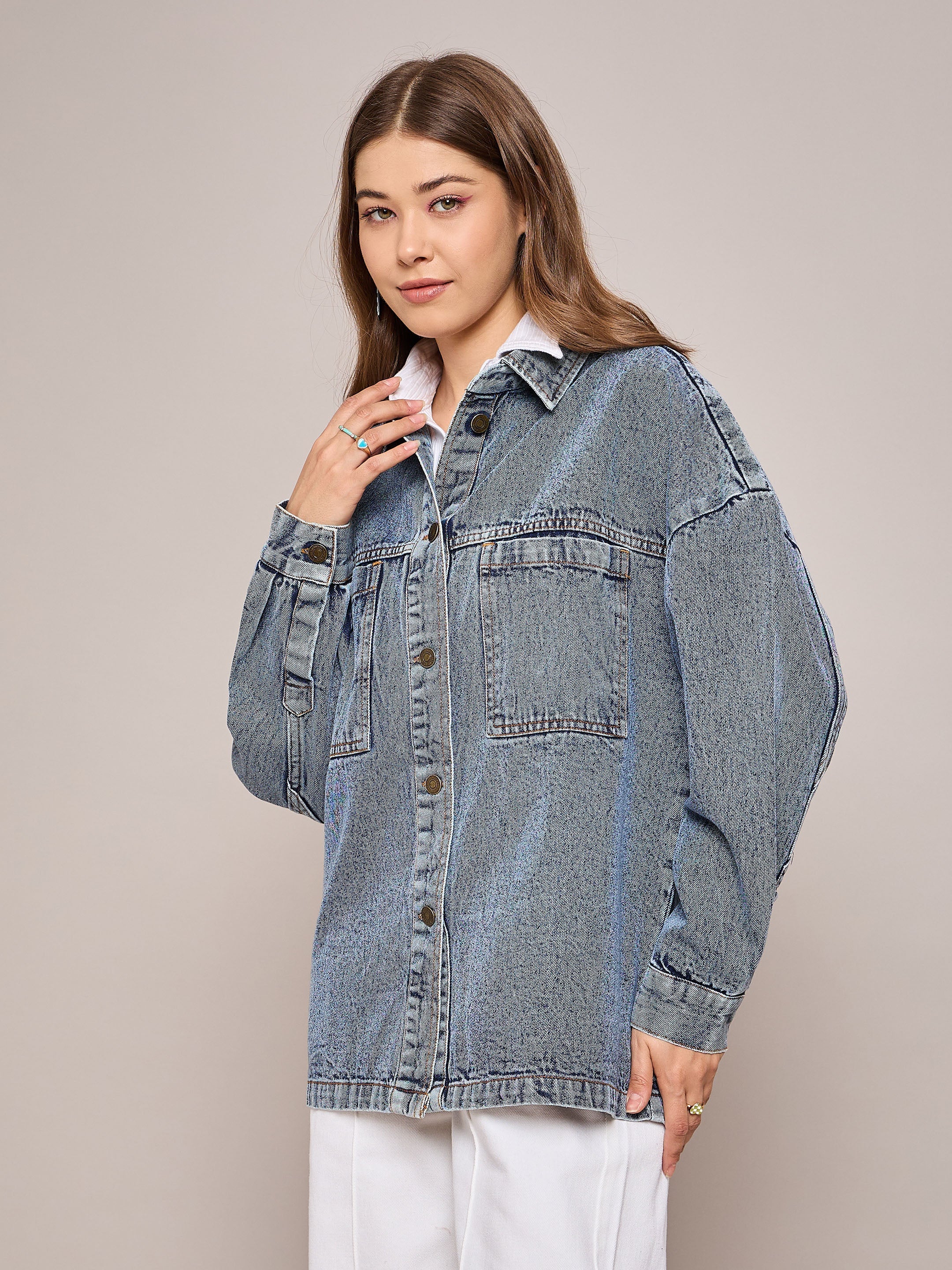 Women Blue Denim Oversized Jacket