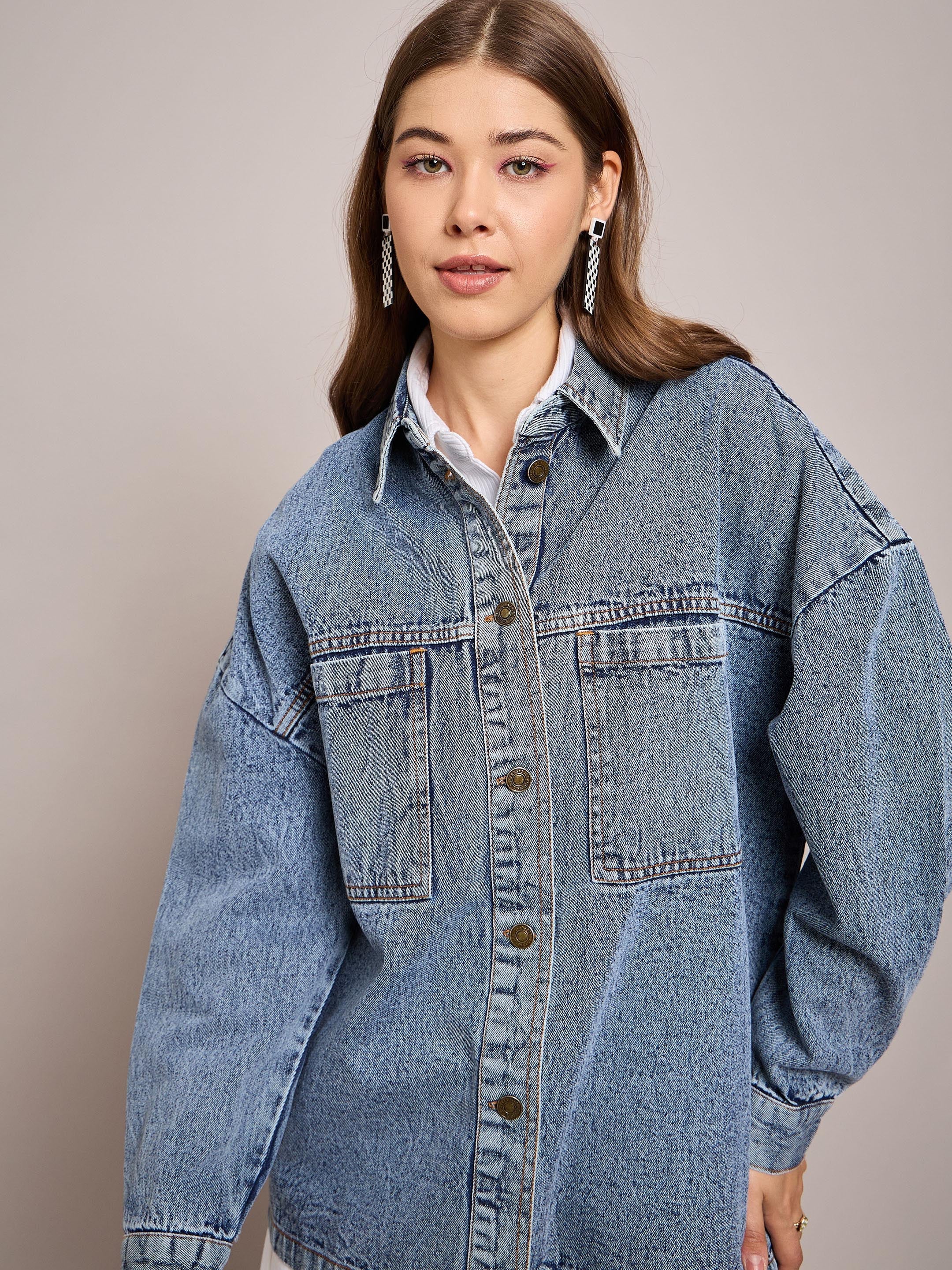 Women Blue Denim Oversized Jacket