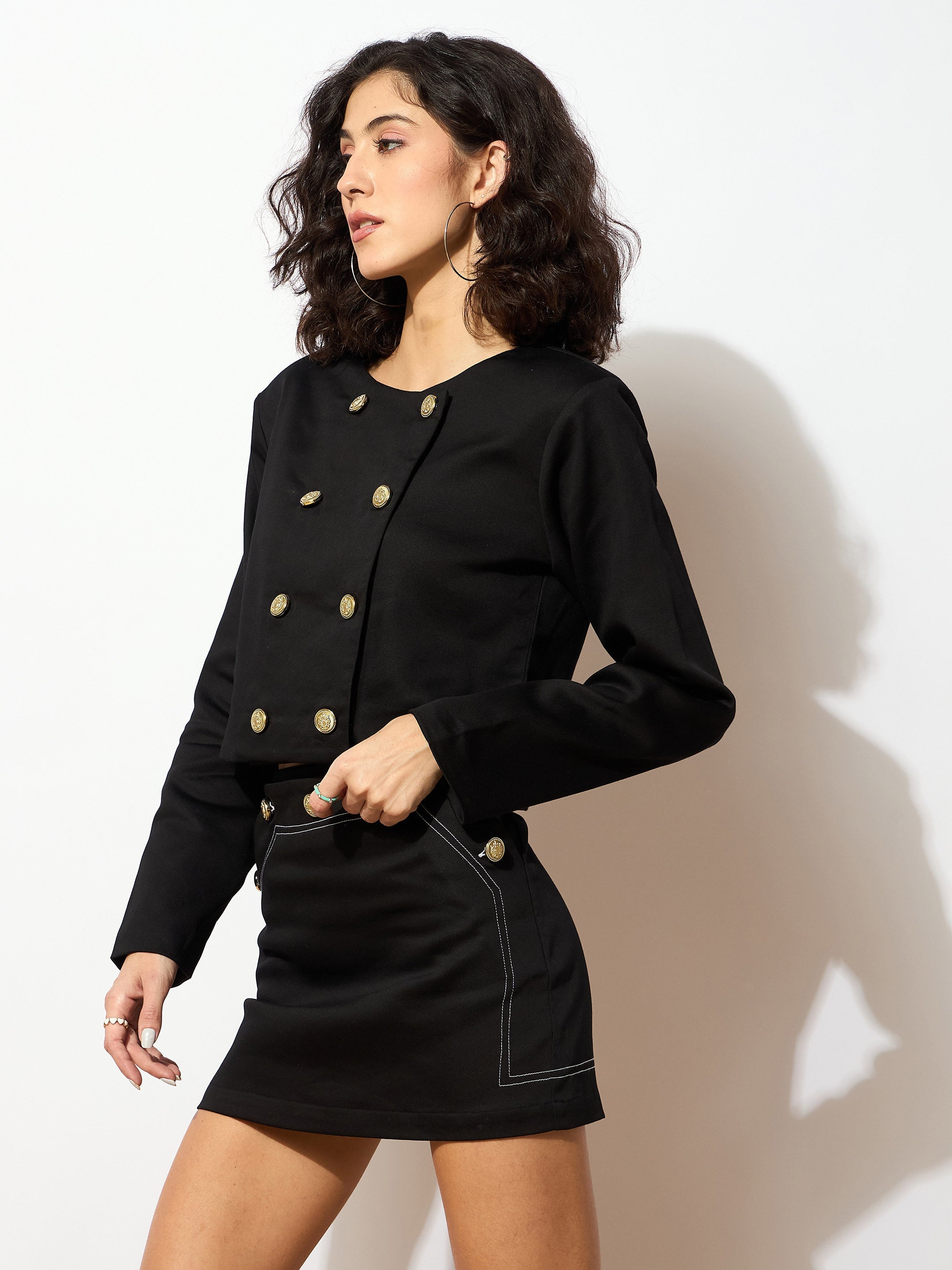 Women Black Twiill Double Breasted Crop Blazer