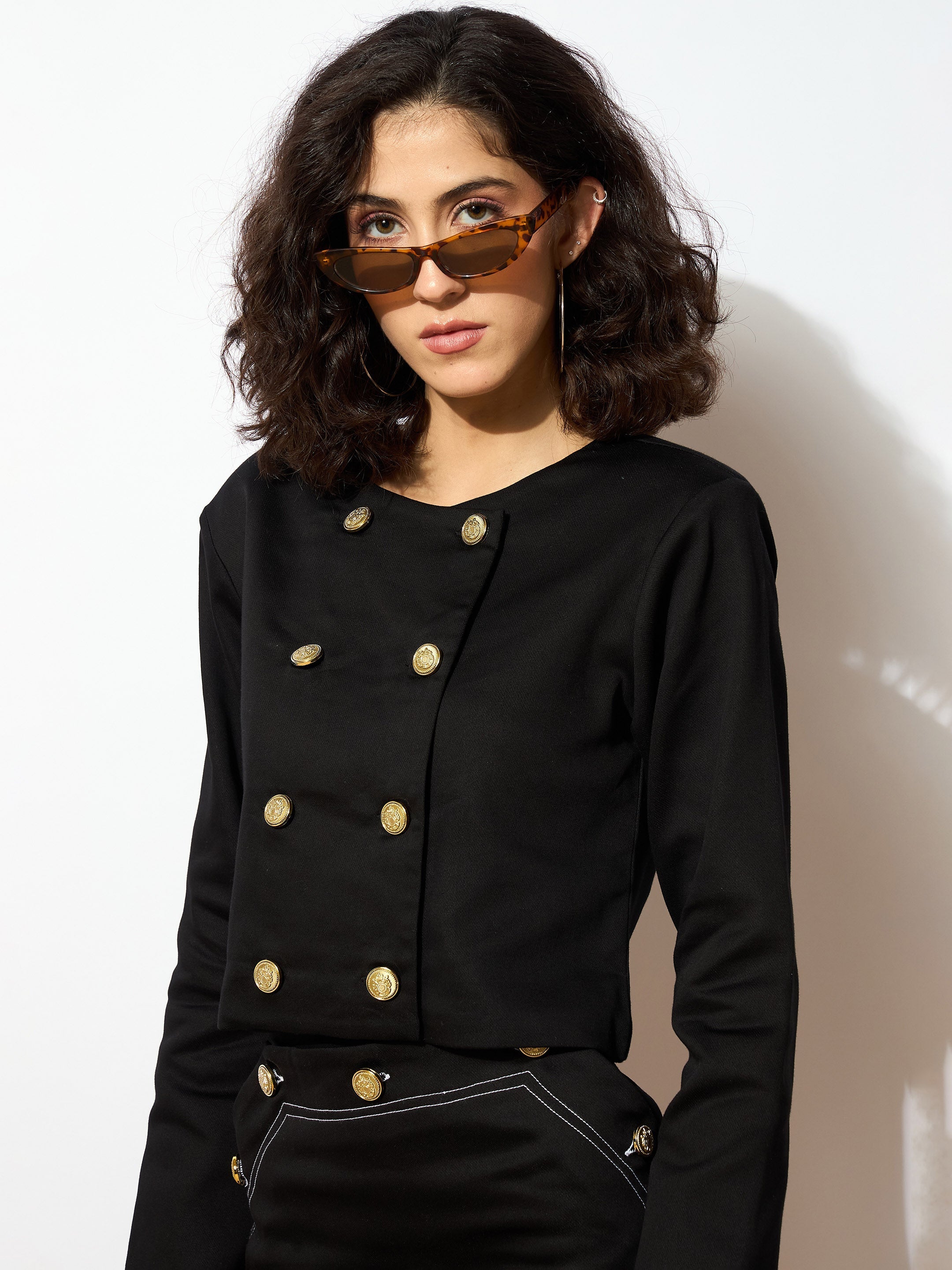 Women Black Twiill Double Breasted Crop Blazer