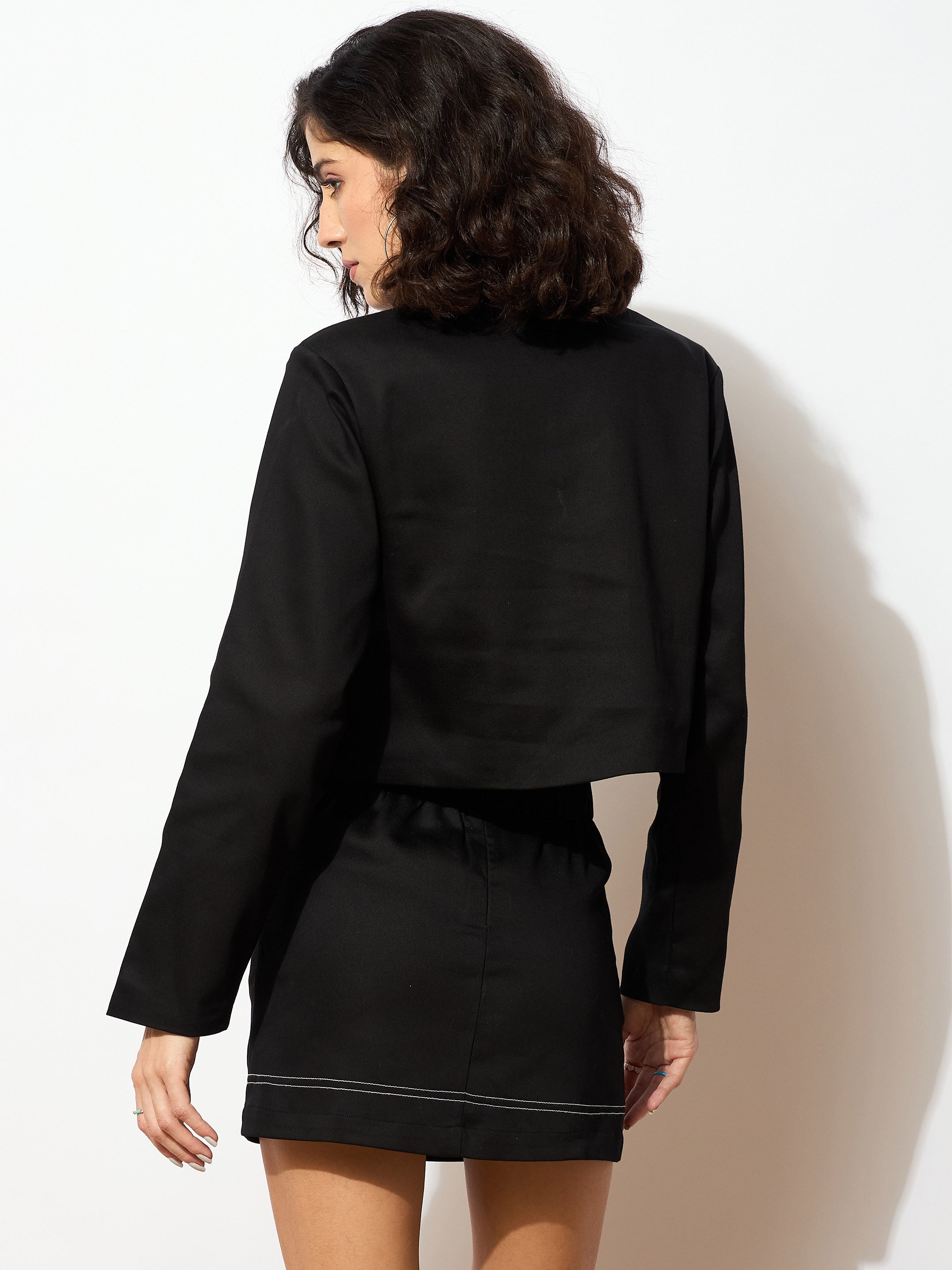 Women Black Twiill Double Breasted Crop Blazer