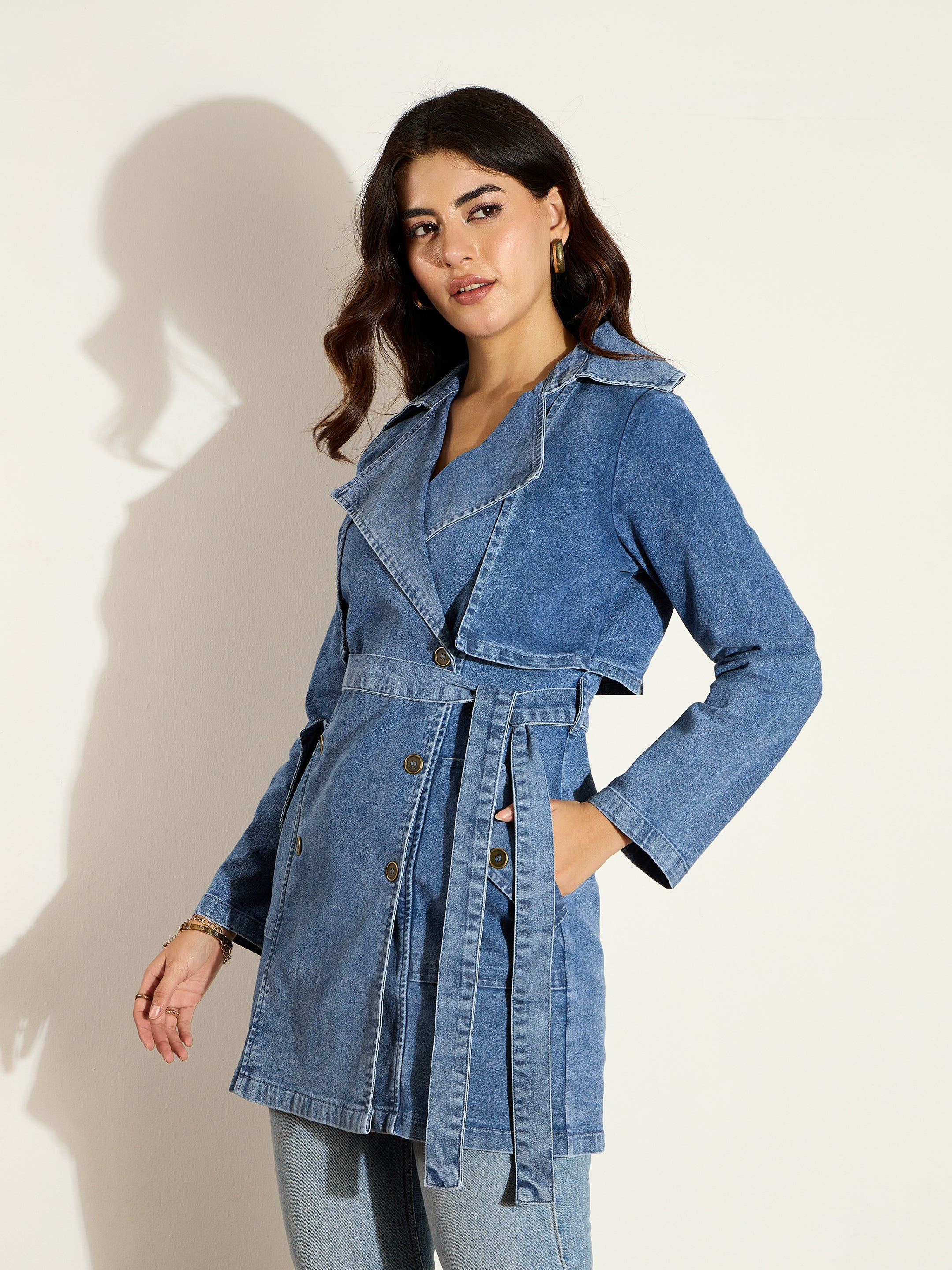 Women Blue Washed Denim Trench Coat