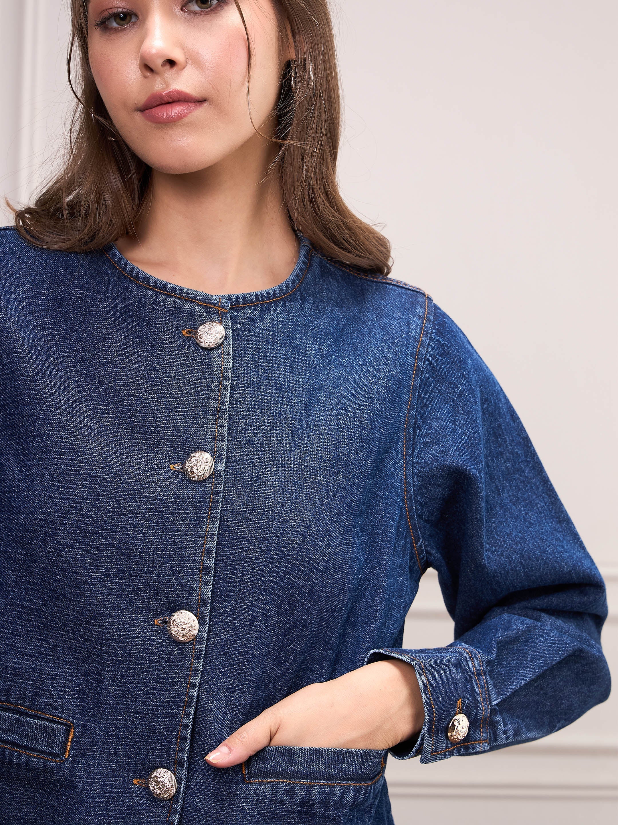 Women Blue Washed Denim Front Button Jacket