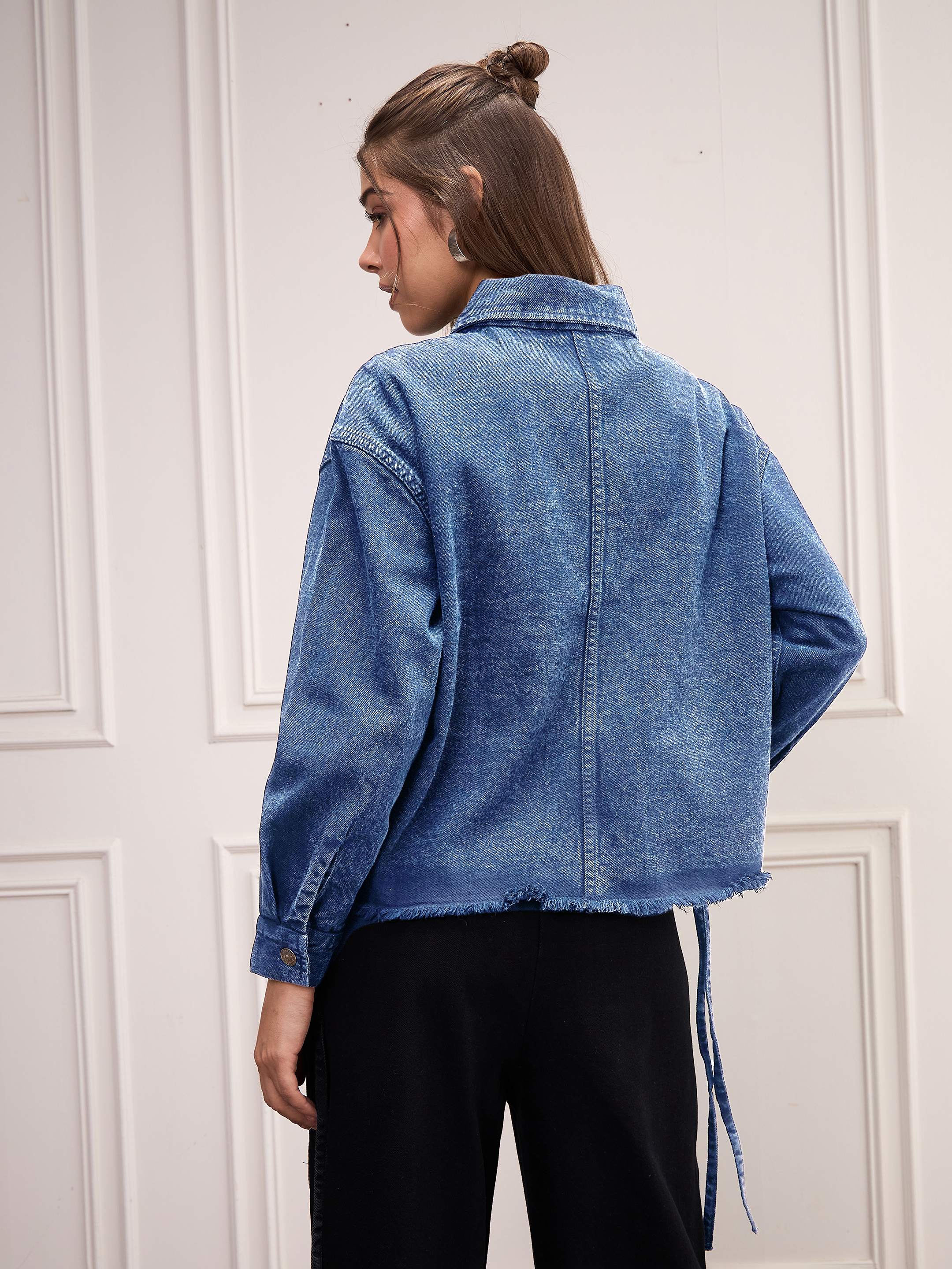 Women Blue Washed Denim Front Pocket Jacket