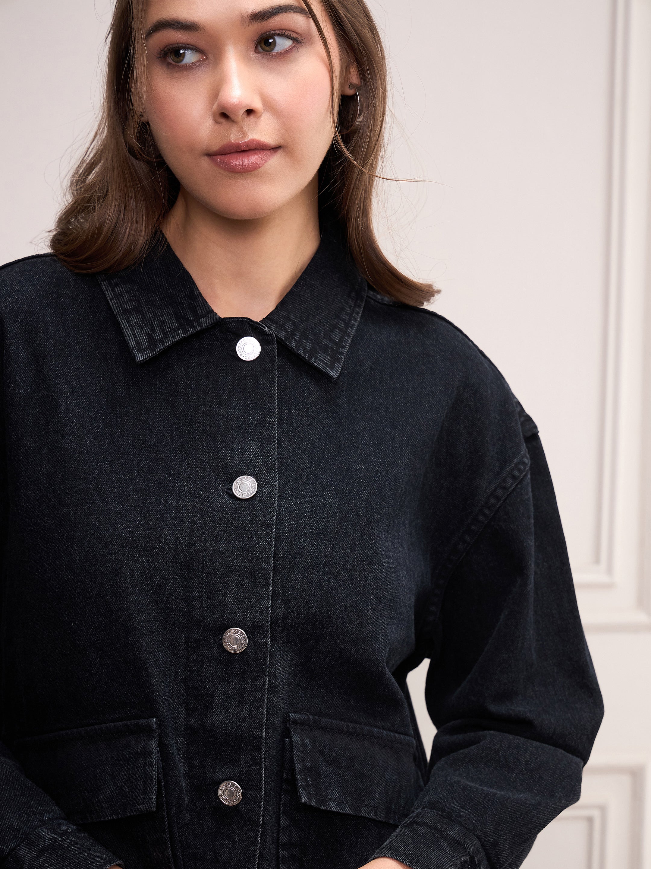 Women Black Washed Denim Front Pocket Jacket