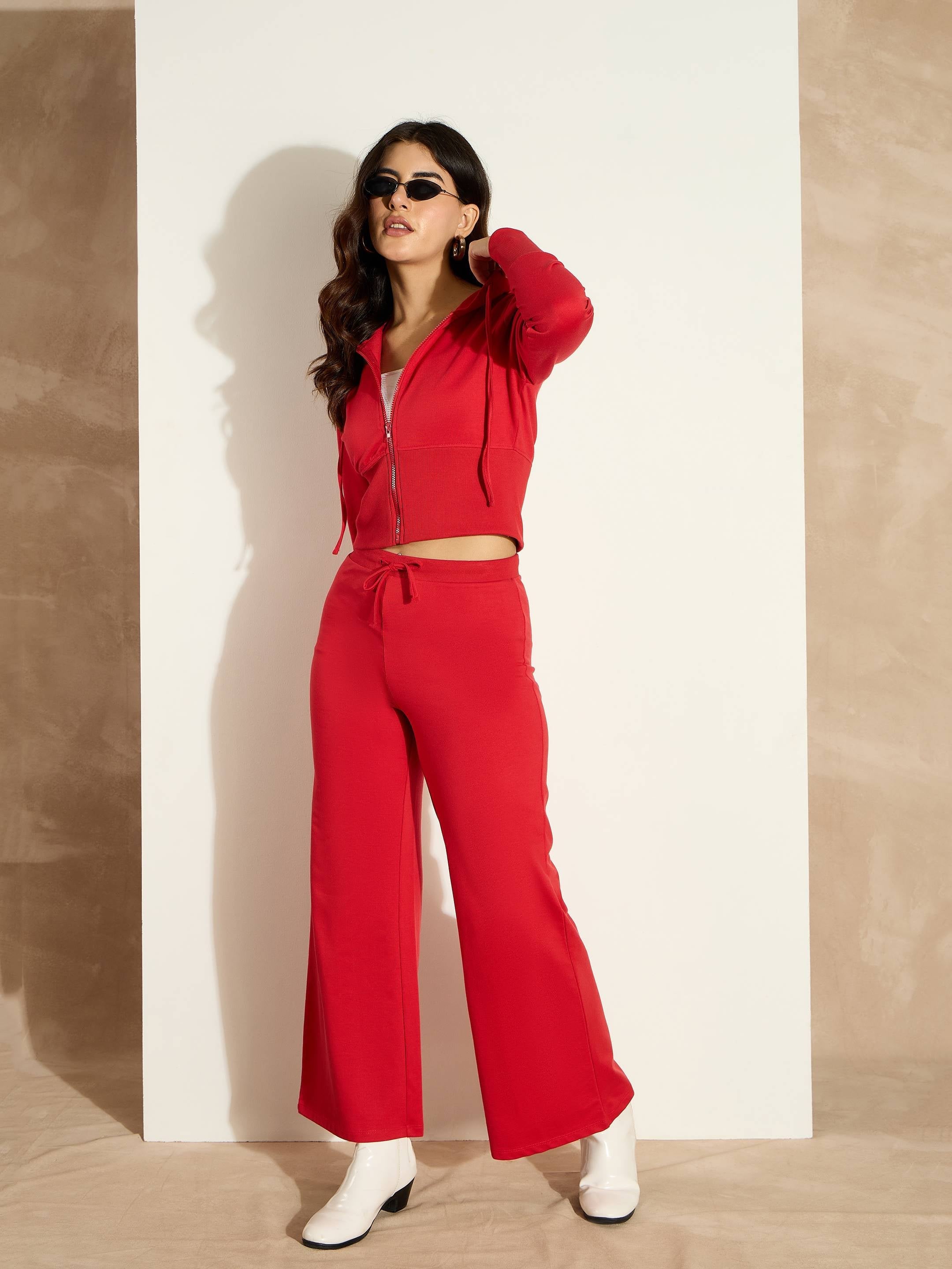 Women Red Terry Front Zipper Crop Jacket