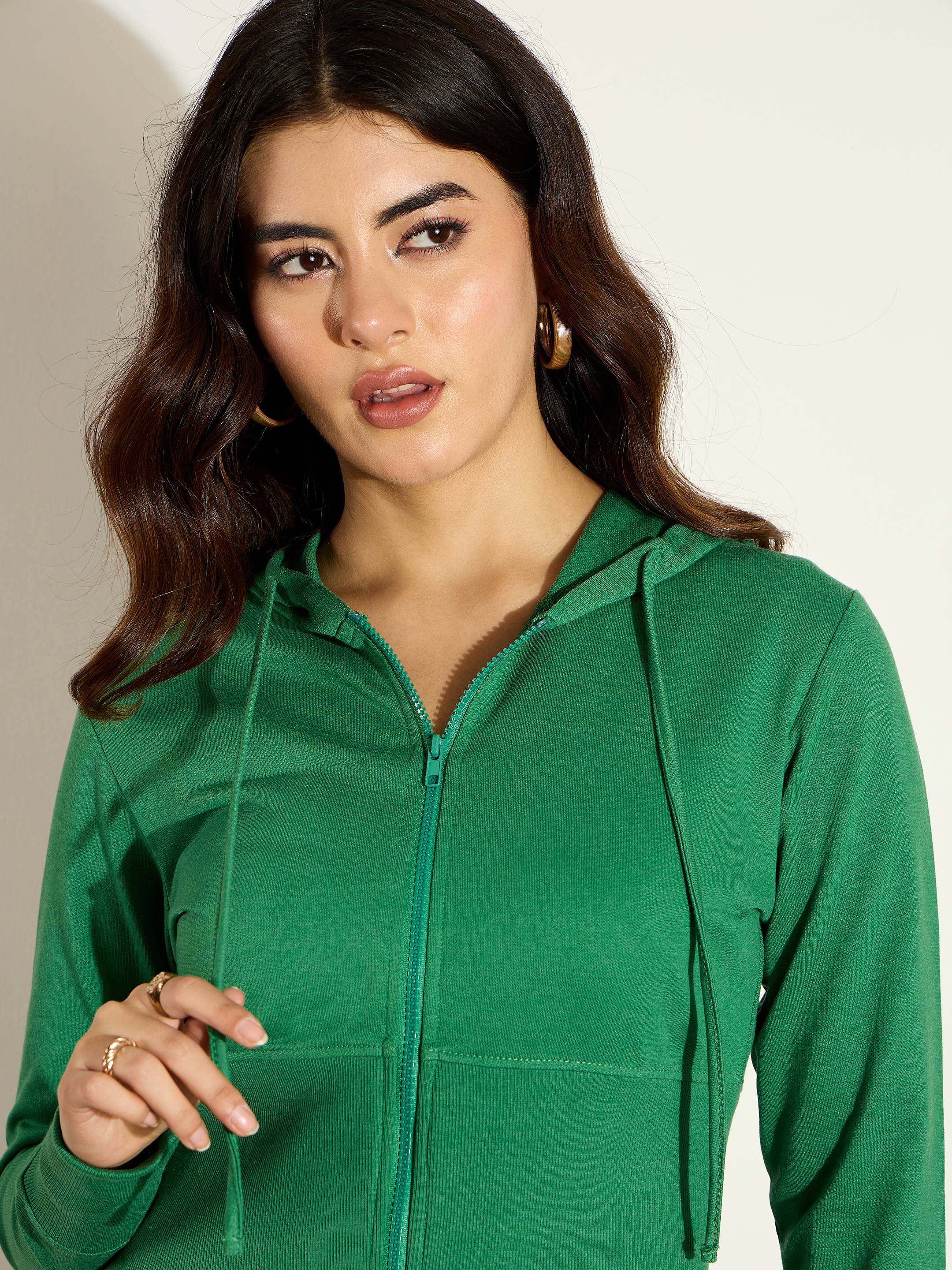 Women Green Terry Front Zipper Crop Jacket