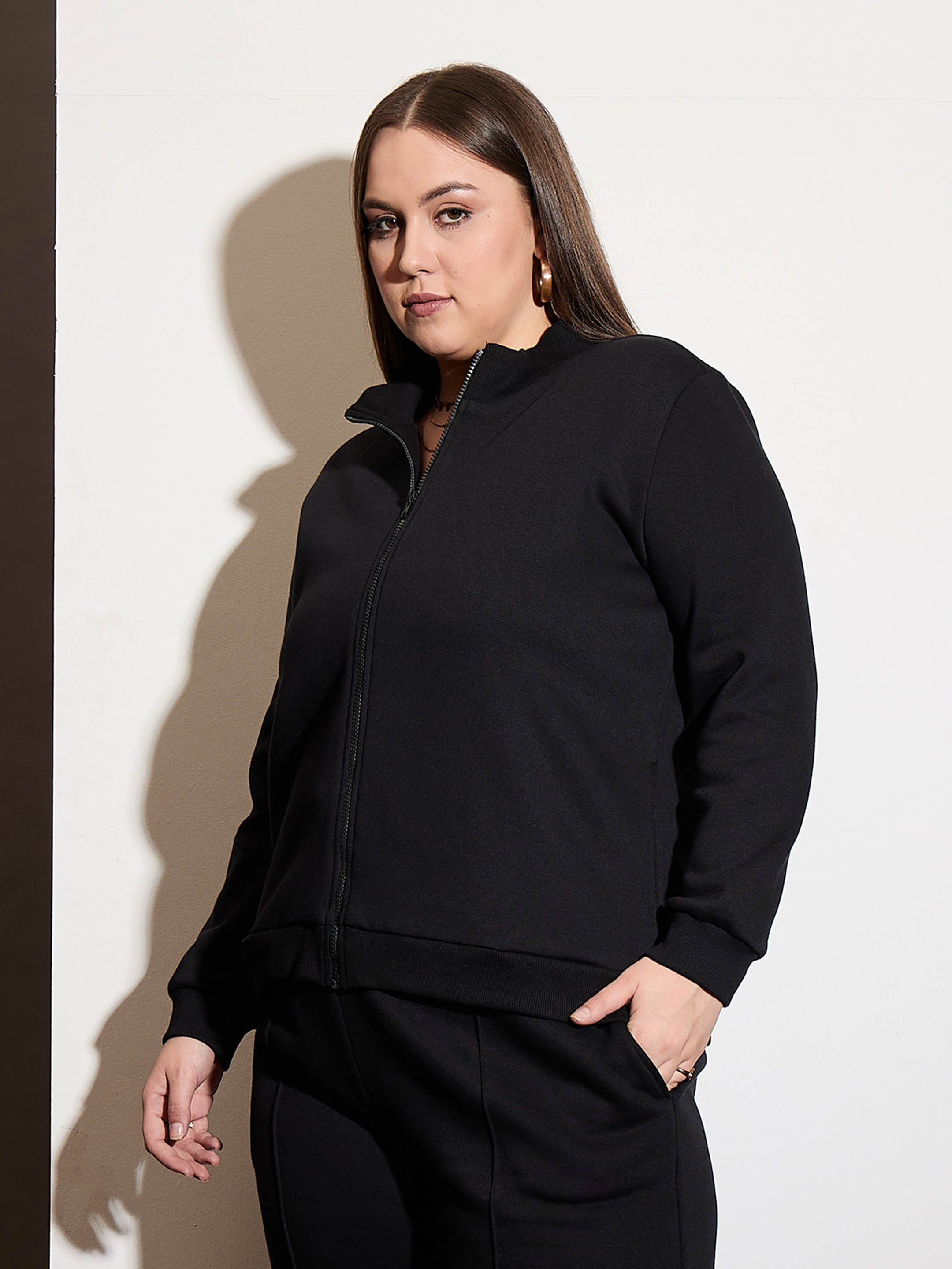 Women Black Fleece Front Open Zipper Jacket