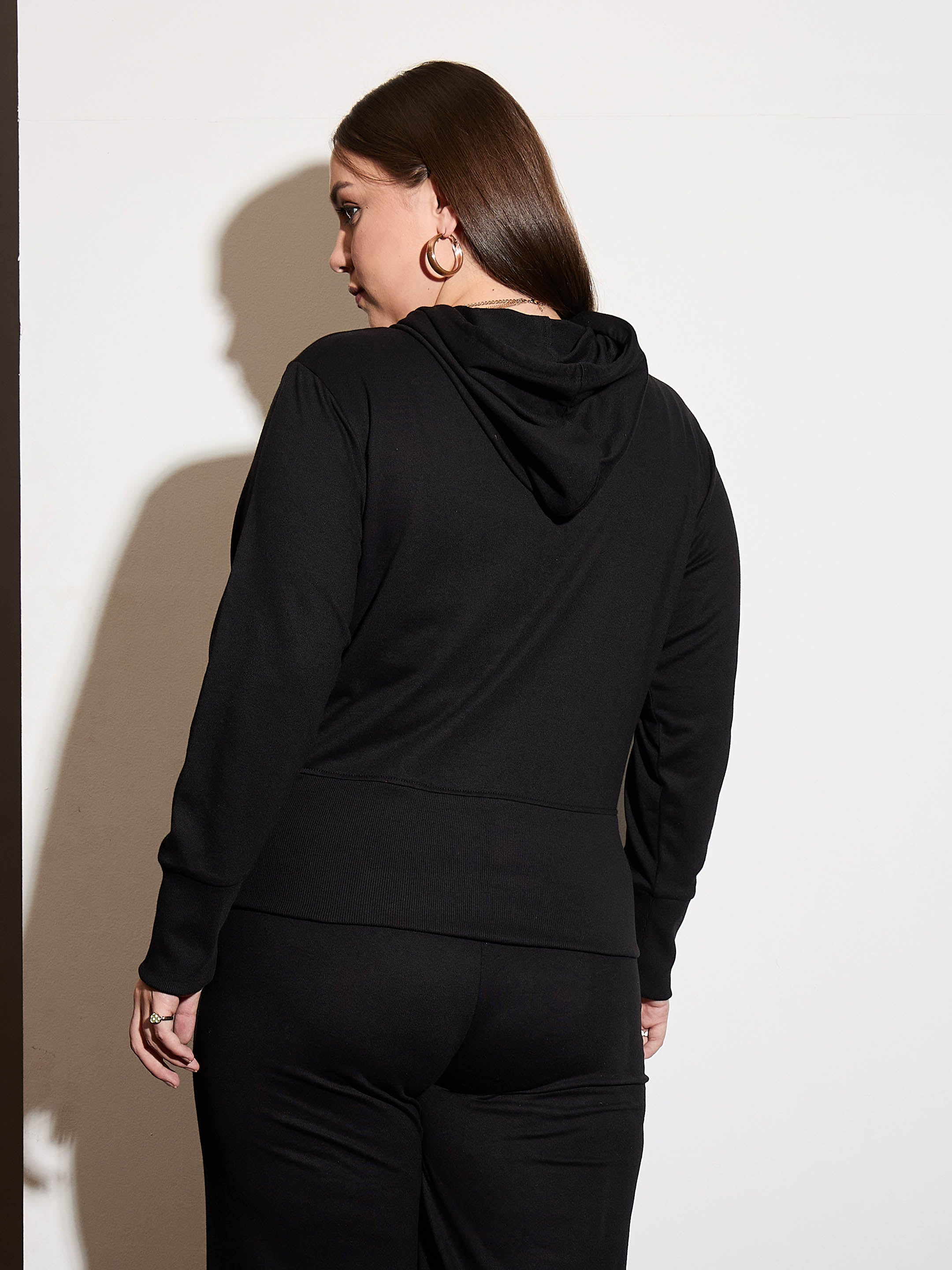 Women Black Terry Zipper Hoodie Jacket