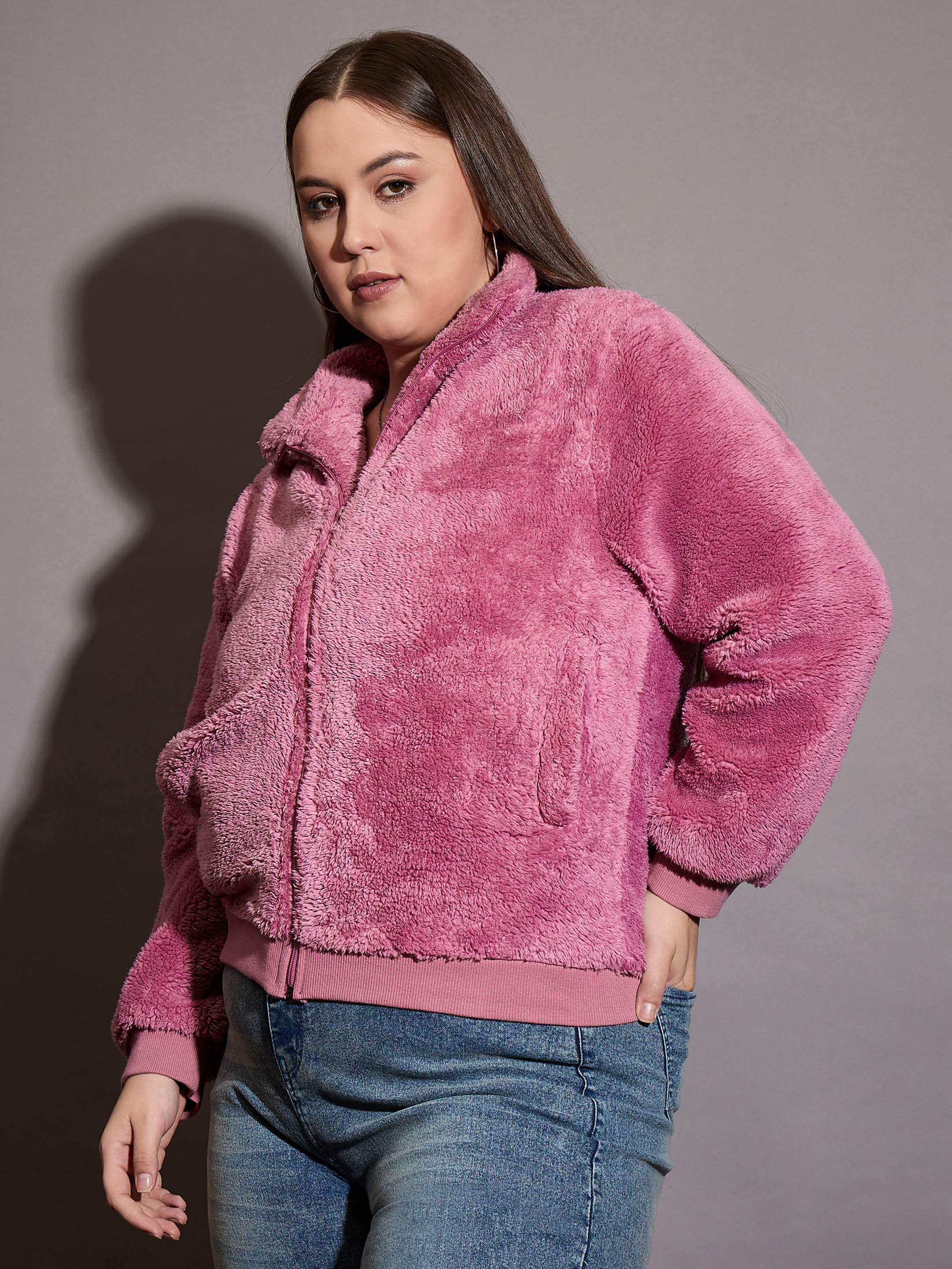 Women Pink Faux Fur Front Zipper Jacket