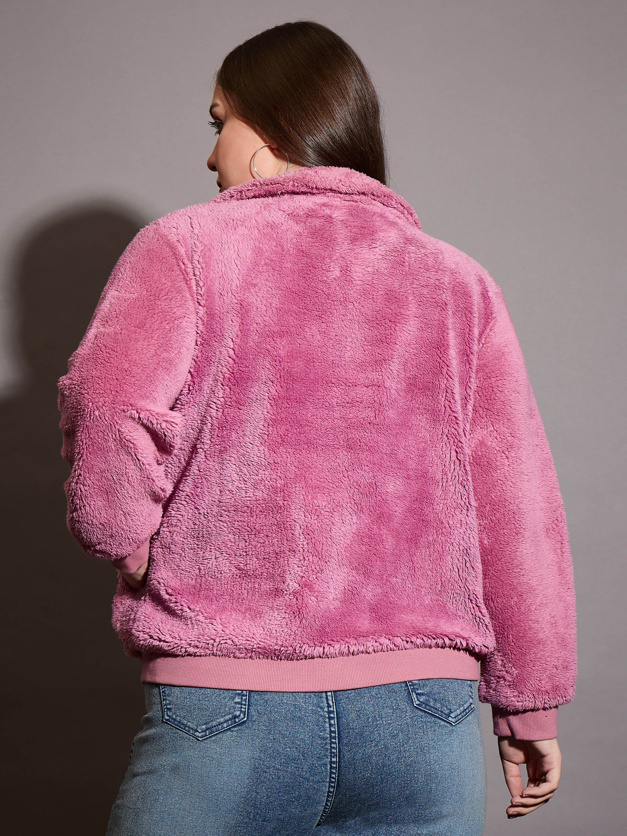 Women Pink Faux Fur Front Zipper Jacket