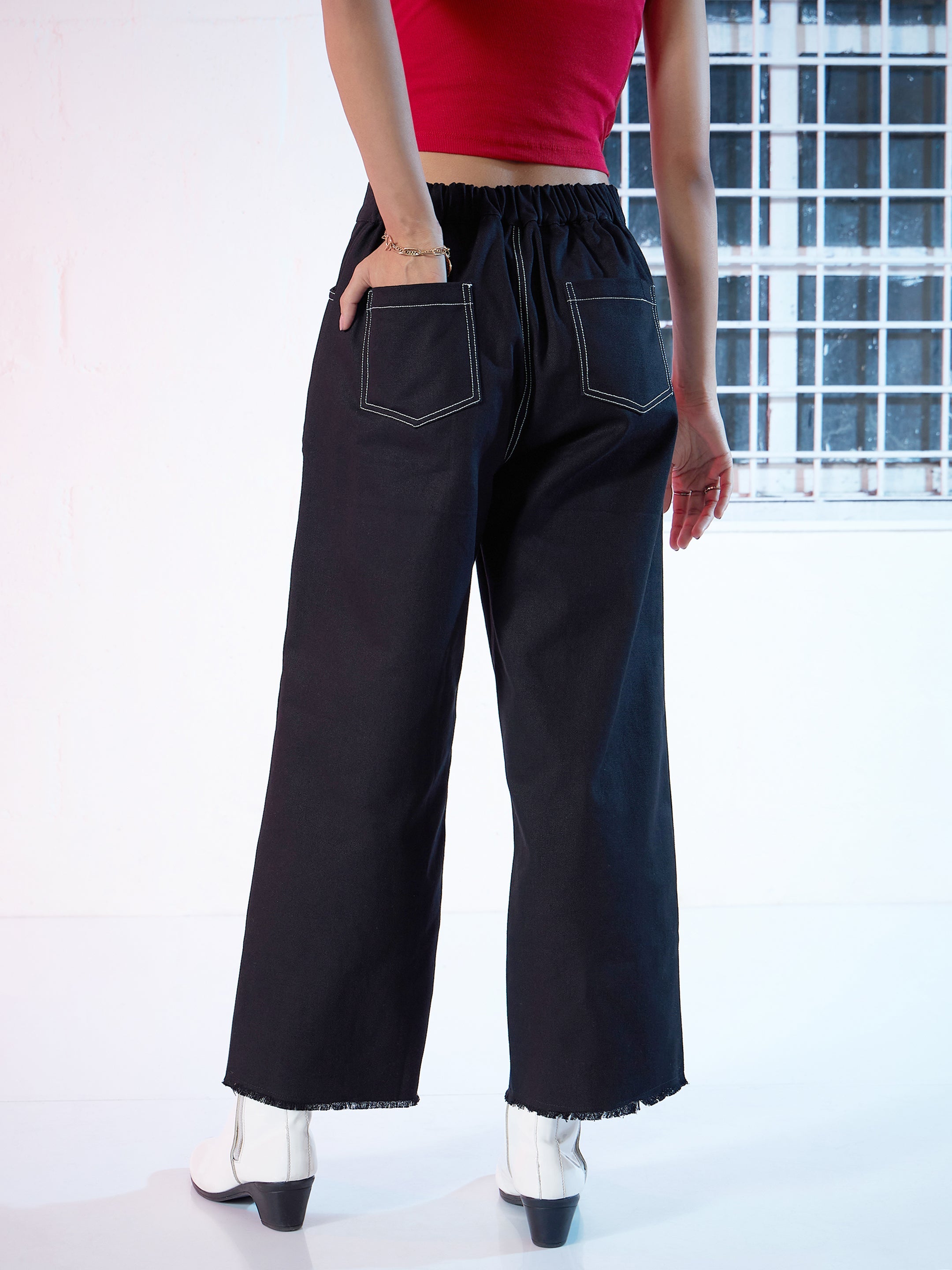 Black With White Contrast Stitch Wide Jeans