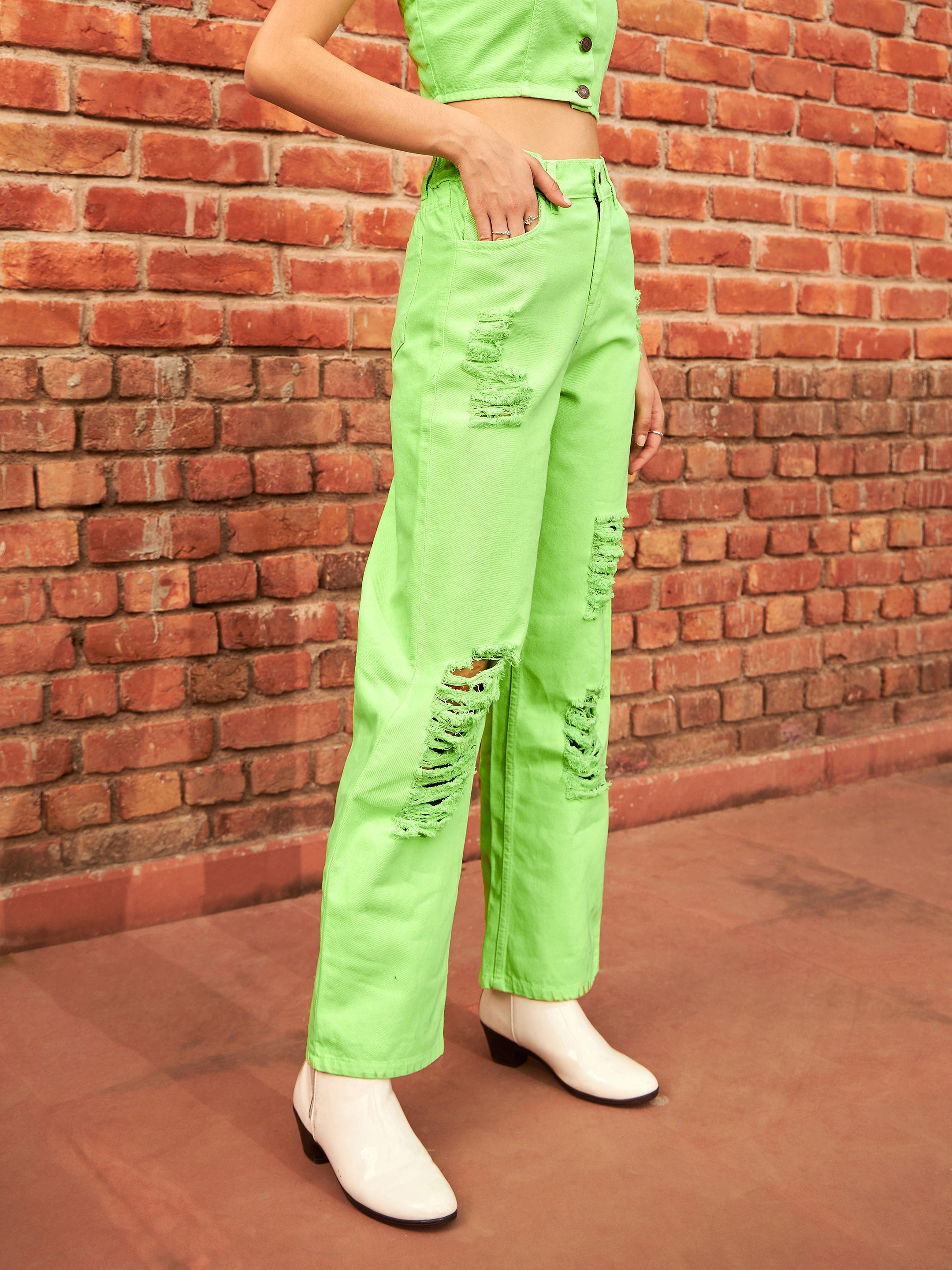 Women Fluorescent Green Heavy Distress Straight Jeans