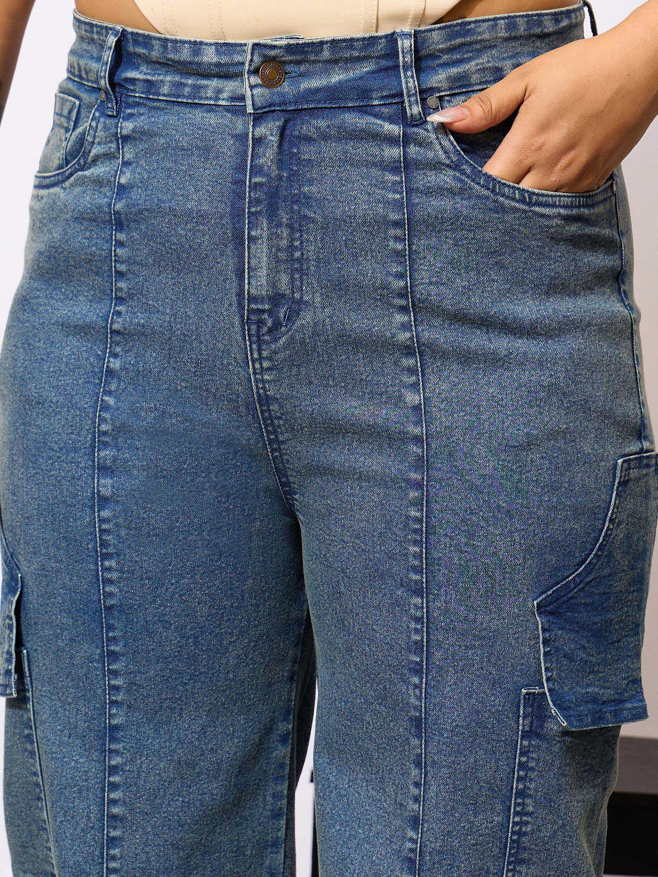 Women Blue Denim Acid Wash Flap Pocket Cargo Jeans