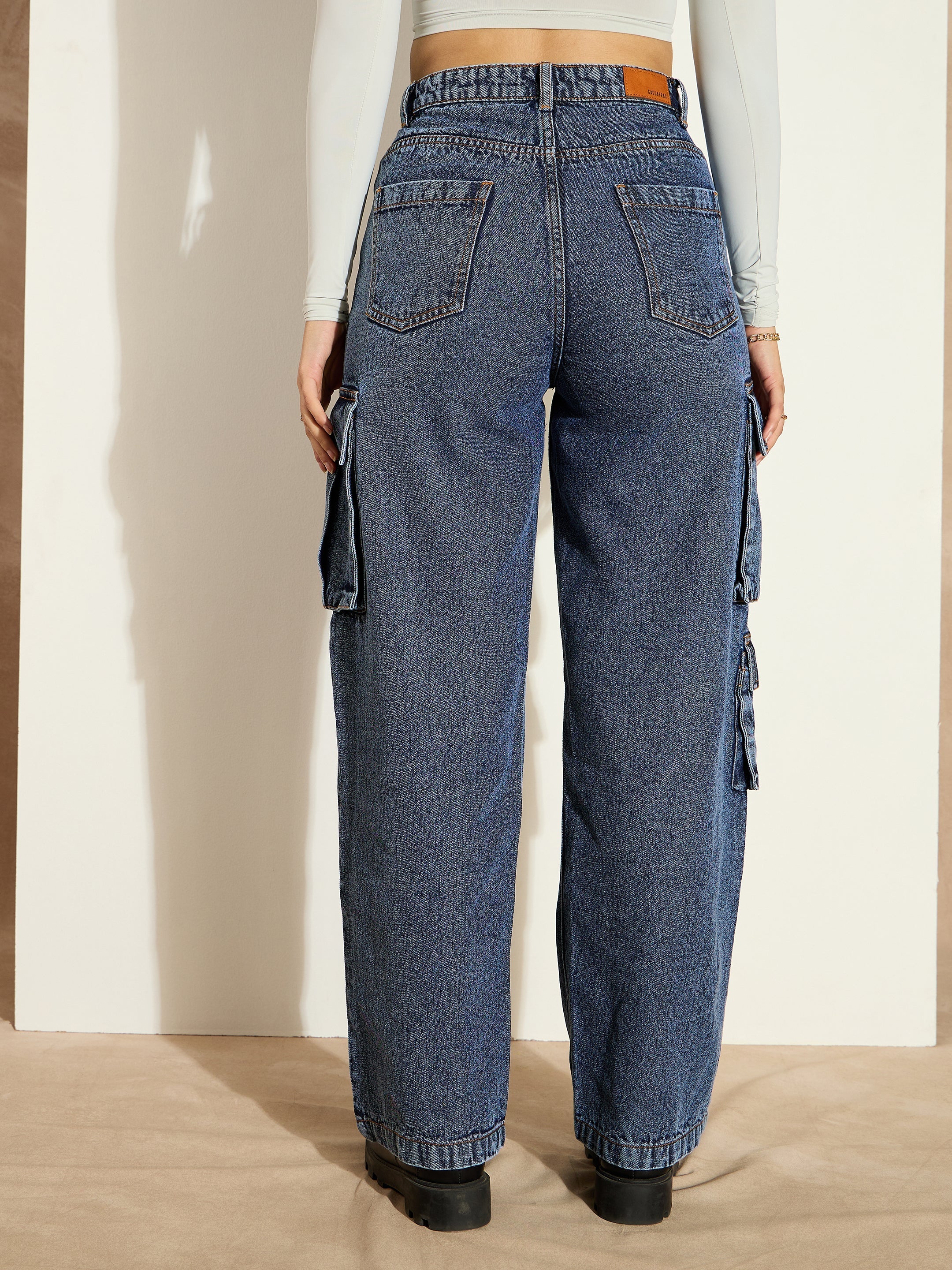 Women Blue Washed Denim Cargo Jeans