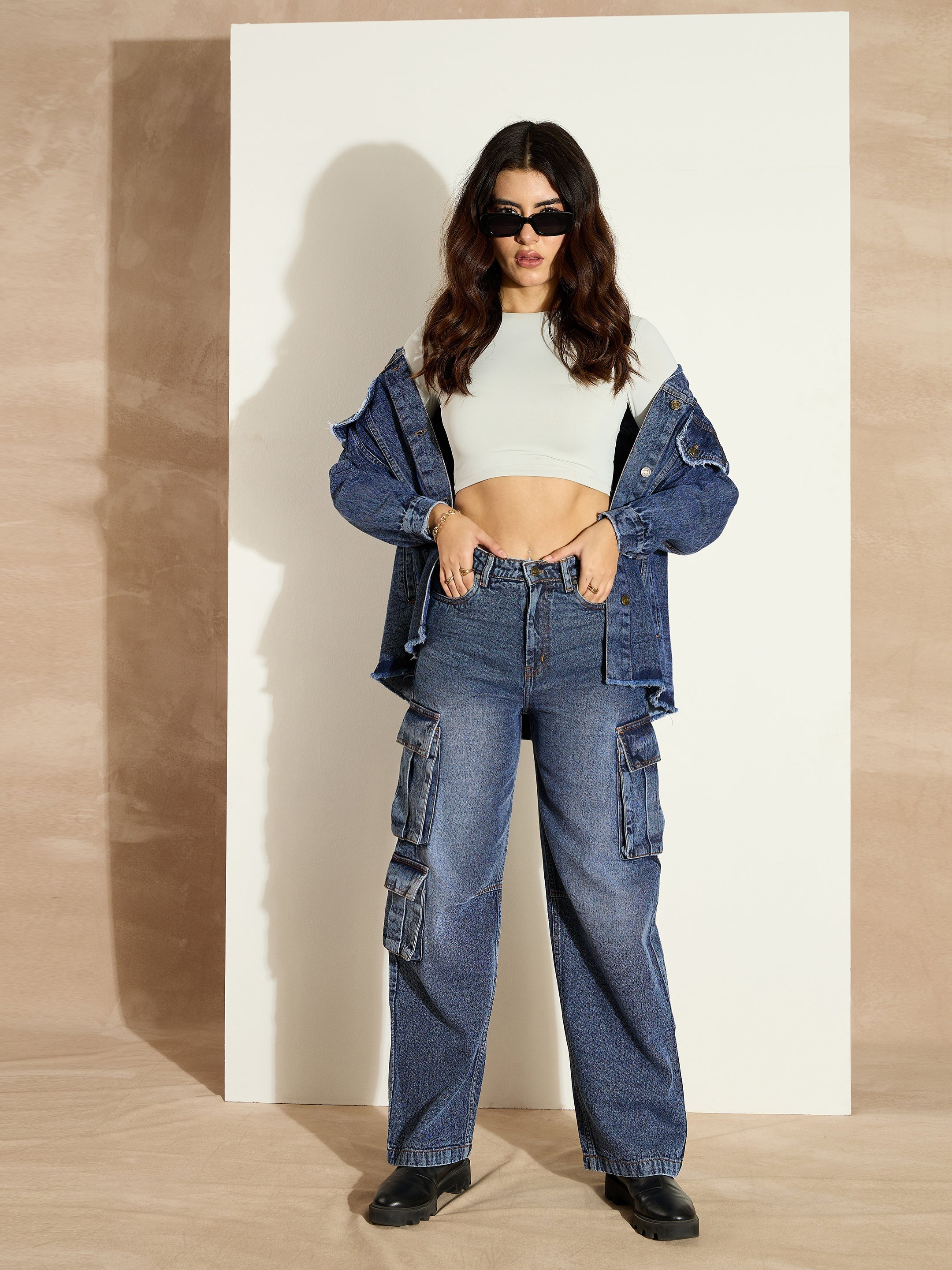 Women Blue Washed Denim Cargo Jeans