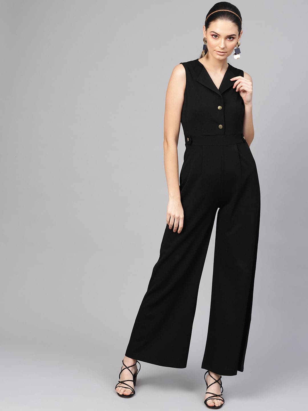 Black Collared Flare Leg Jumpsuit