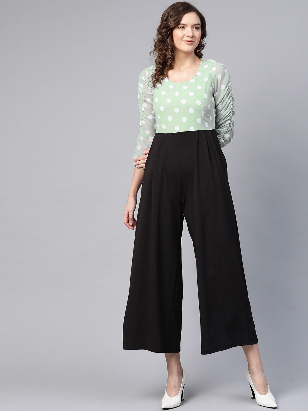 Women Sea Green Polka Dot Sleeve Rouching Jumpsuit