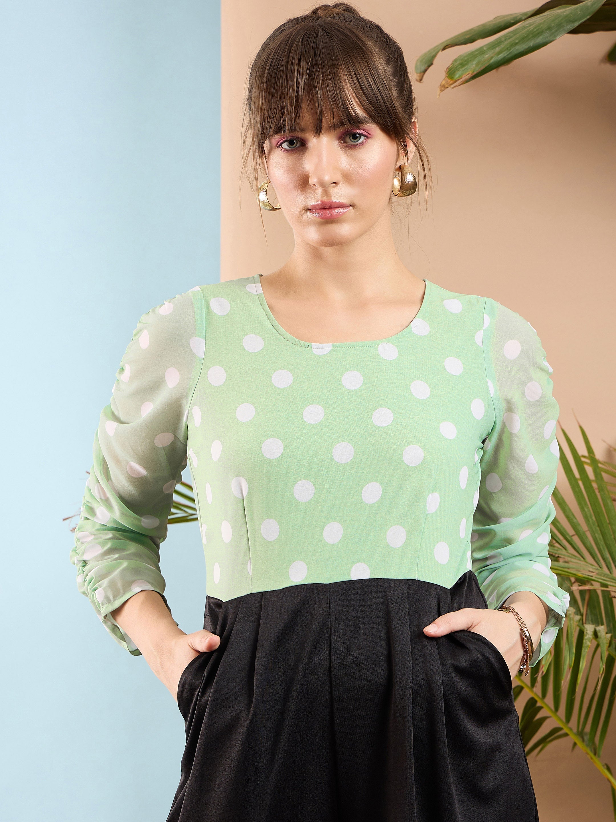 Women Sea Green Polka Dot Sleeve Rouching Jumpsuit