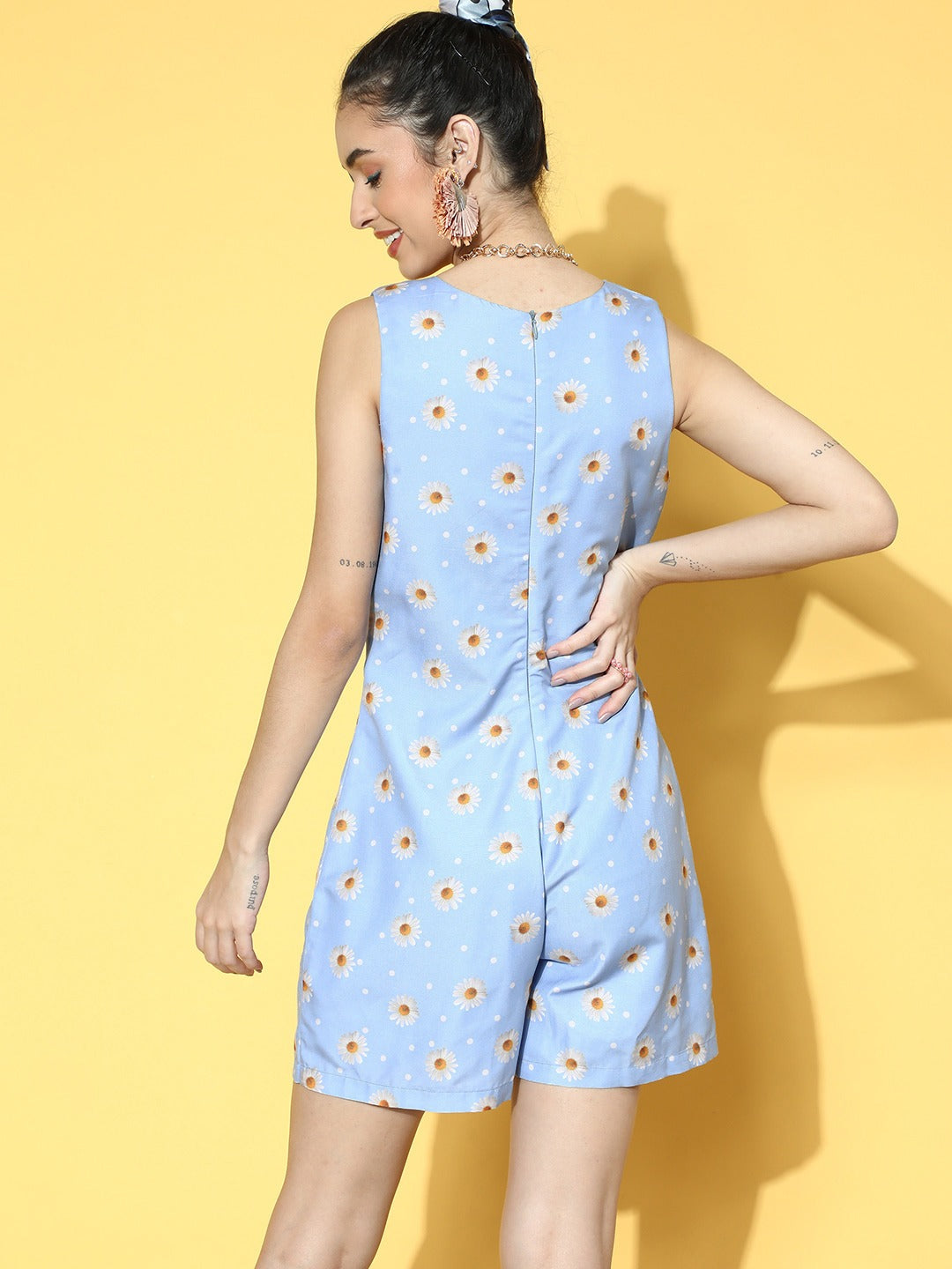 Women Blue Sunflower V-Neck Romper