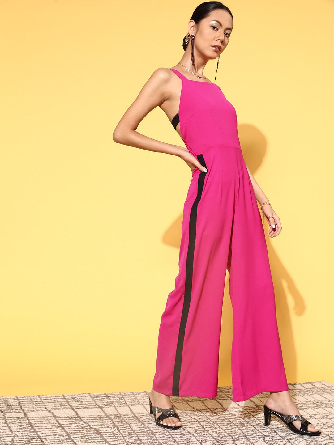 Women Fuchsia Strappy Side Tape Jumpsuit