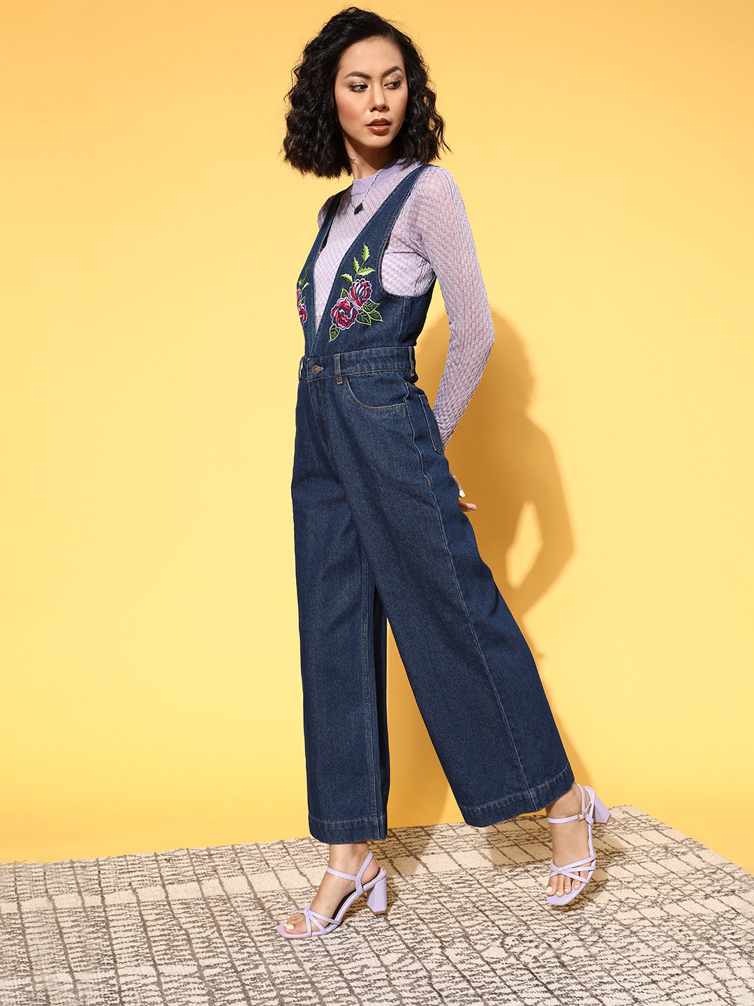 Women Dark Blue Embroidered Denim Jumpsuit