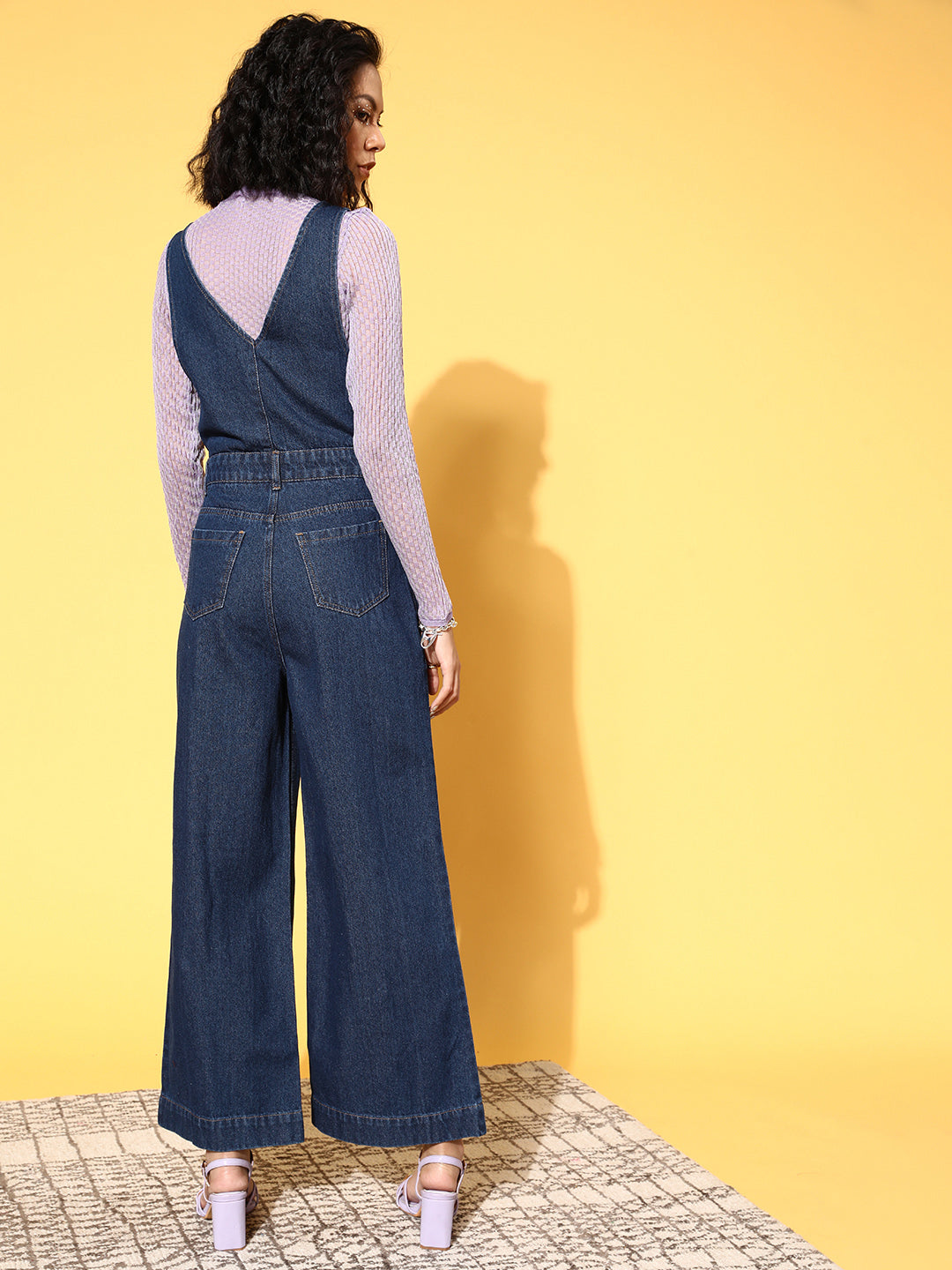 Women Dark Blue Embroidered Denim Jumpsuit