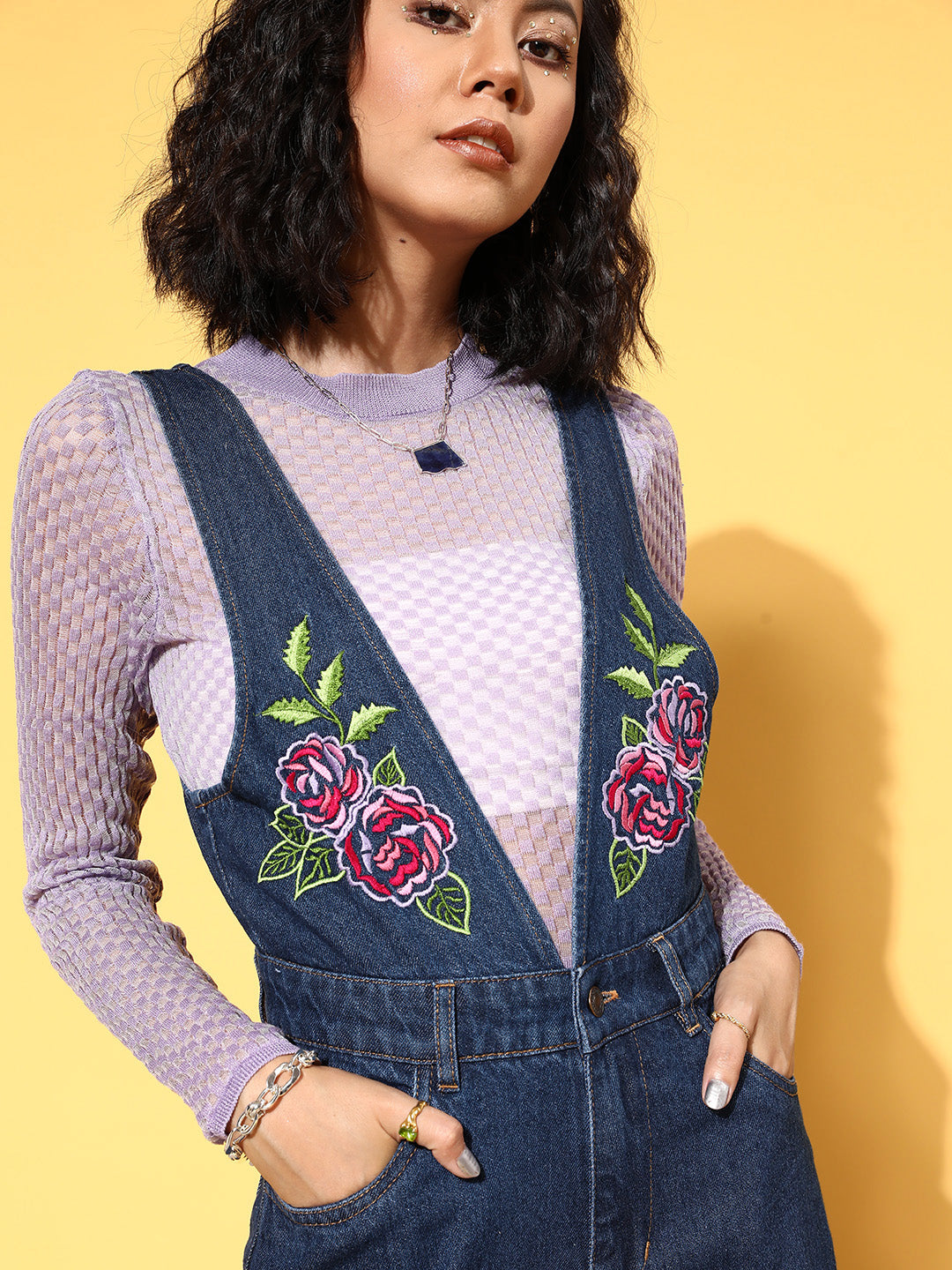 Women Dark Blue Embroidered Denim Jumpsuit