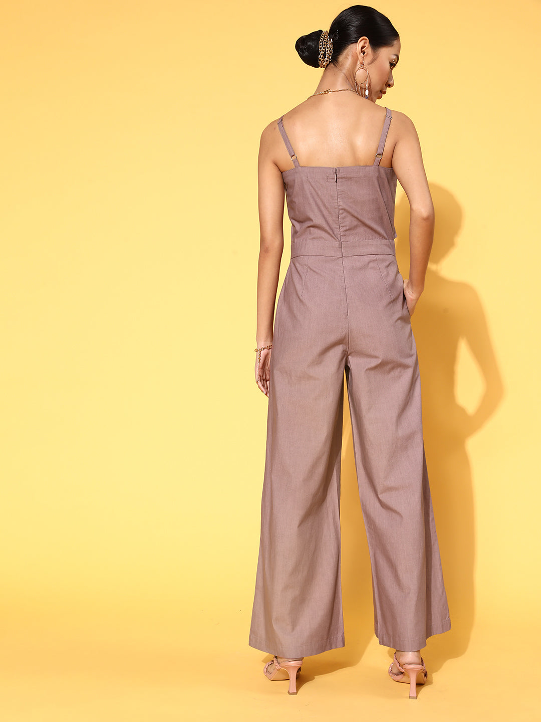 Women Brown Front Tie Up Tencel Jumpsuit