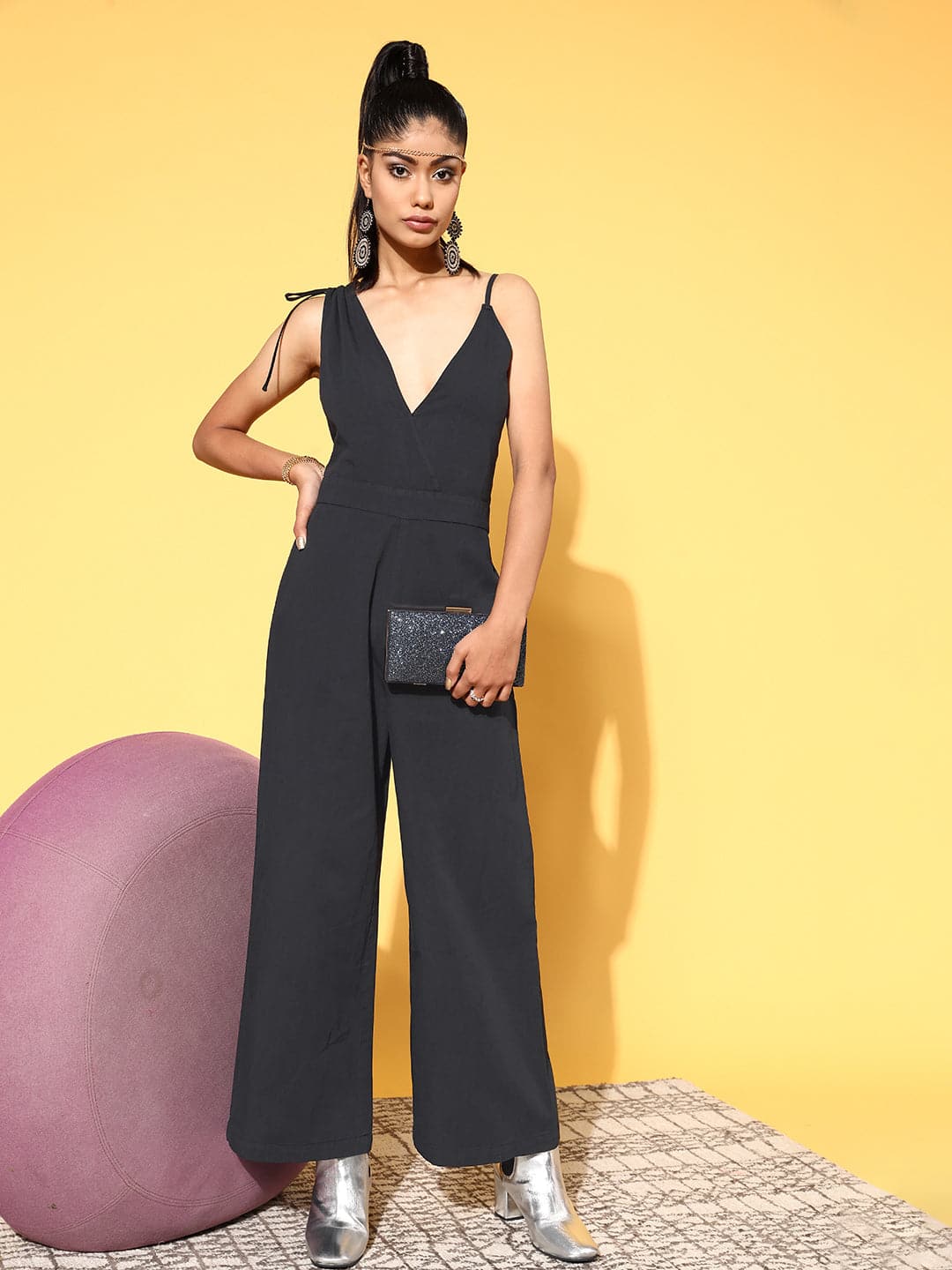 Women Black One Side Strap Denim Jumpsuit